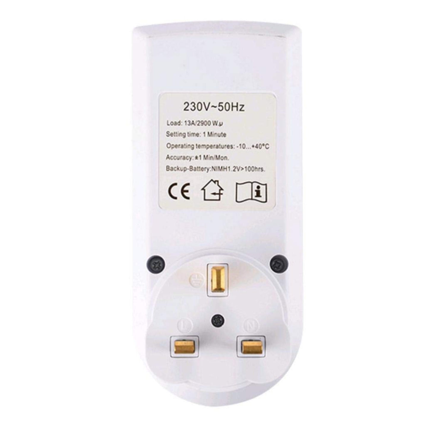 Back view of the digital timer plug displaying the 230V 13A technical specifications and CE certification.