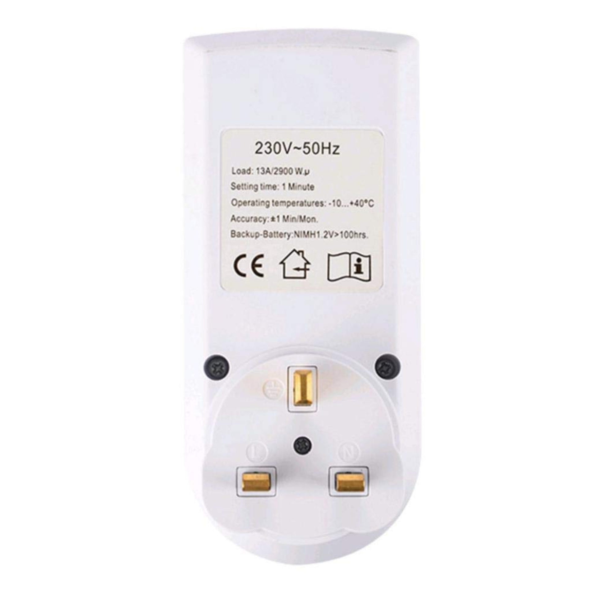 Back view of the digital timer plug displaying the 230V 13A technical specifications and CE certification.