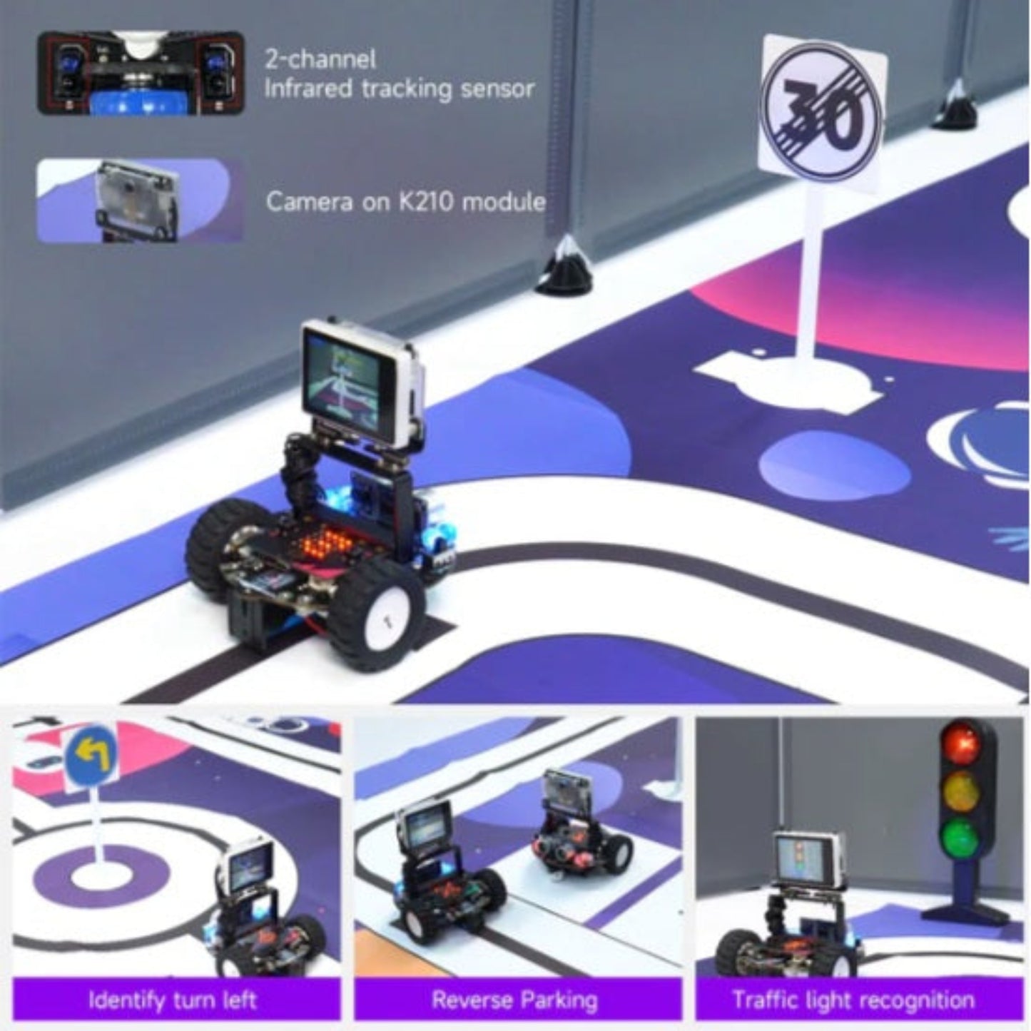 Tiny:bit Pro robot car demonstrating AI functions like road sign recognition, reverse parking, and traffic light detection.