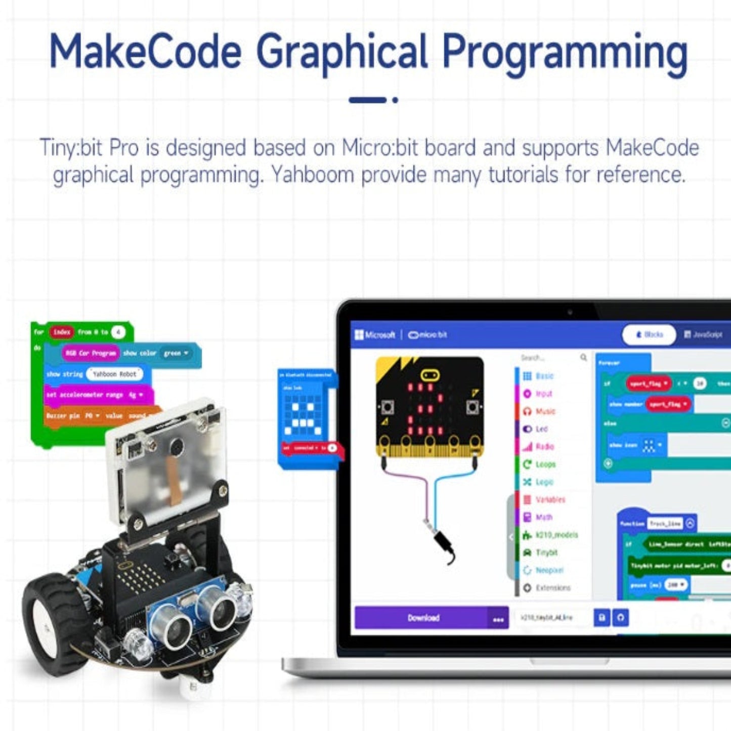 Demonstration of programming the Tiny:bit Pro using Microsoft MakeCode graphical block-based coding.
