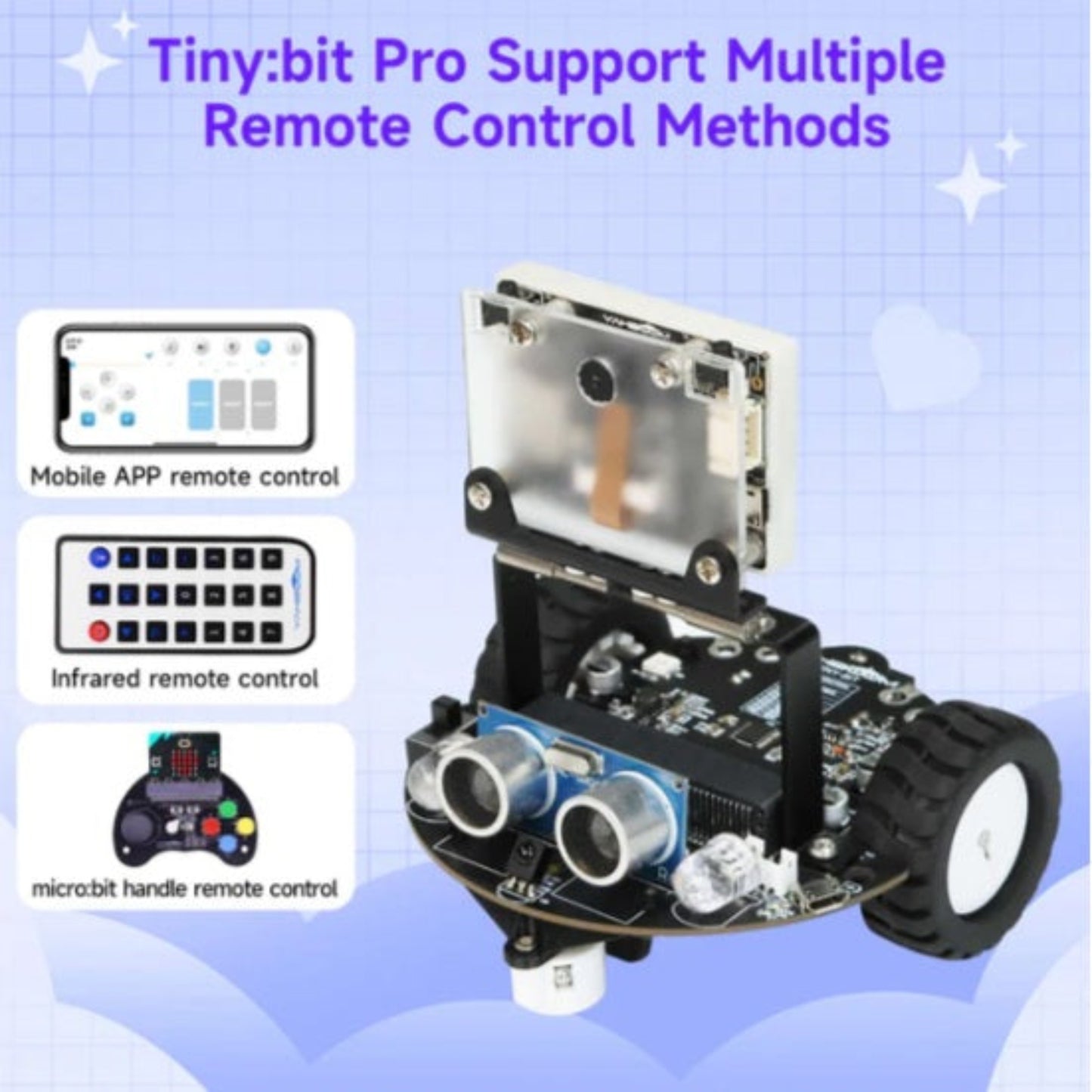 Tiny:bit Pro remote control options: mobile app, infrared remote, and micro:bit game handle.