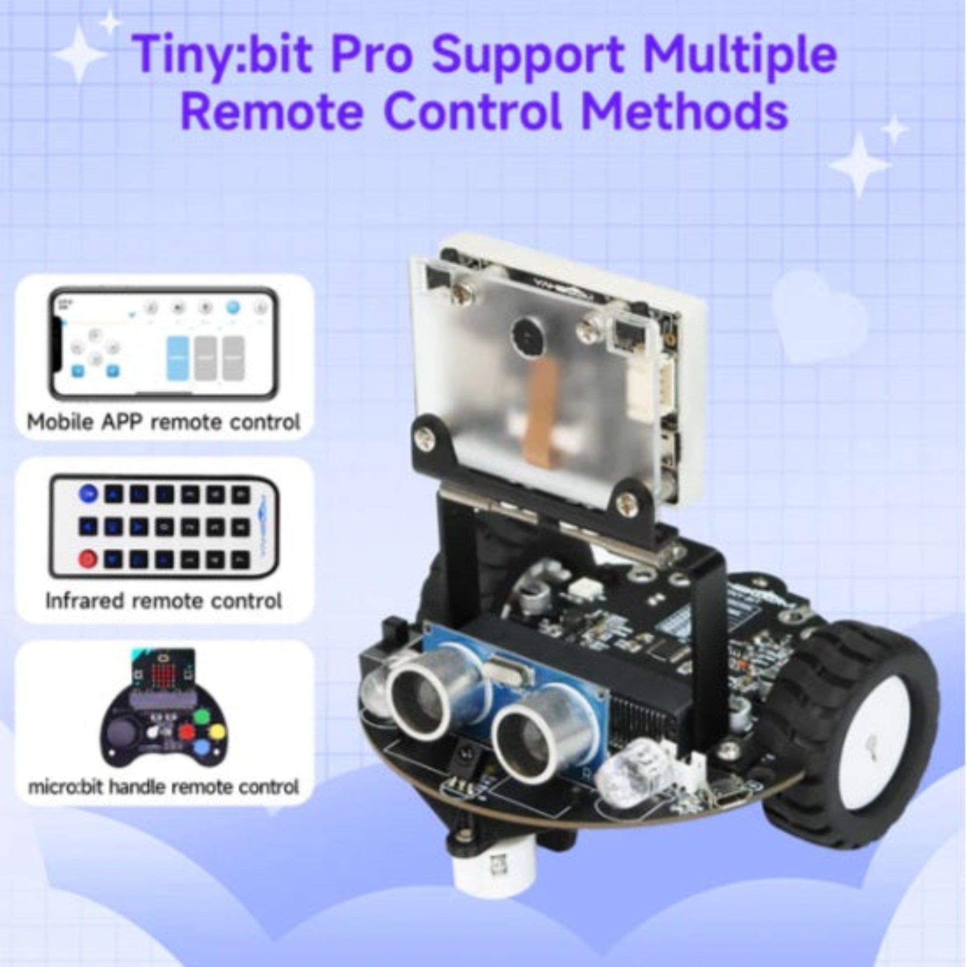 Tiny:bit Pro remote control options: mobile app, infrared remote, and micro:bit game handle.