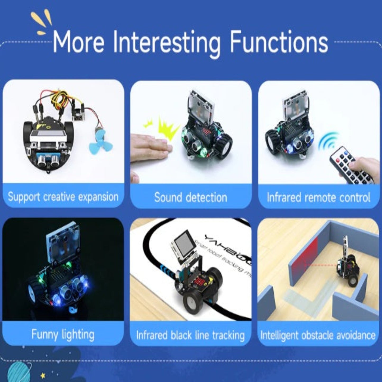 Grid of Tiny:bit Pro functions: creative expansion, sound detection, IR remote, infrared line tracking, and obstacle avoidance.