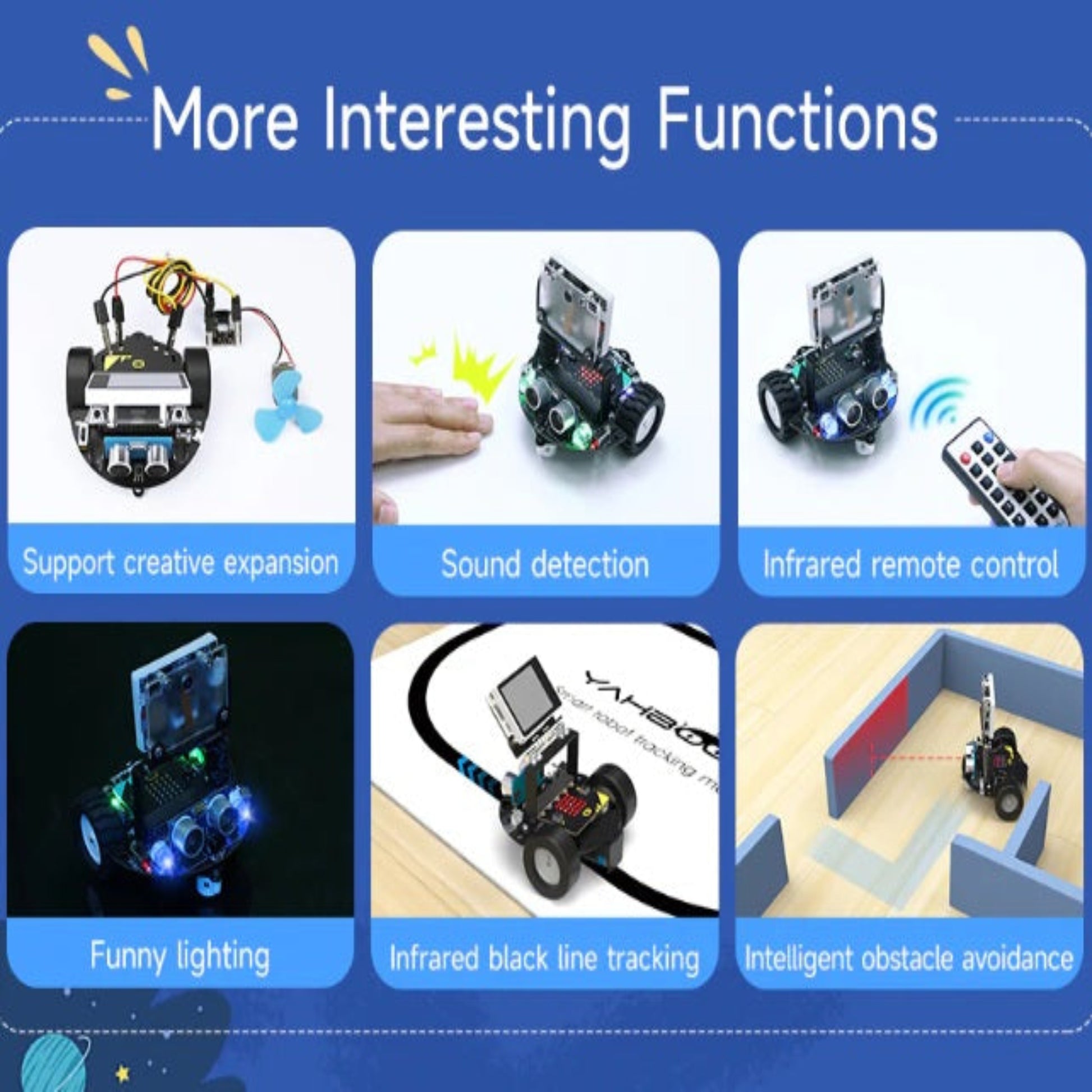 Grid of Tiny:bit Pro functions: creative expansion, sound detection, IR remote, infrared line tracking, and obstacle avoidance.