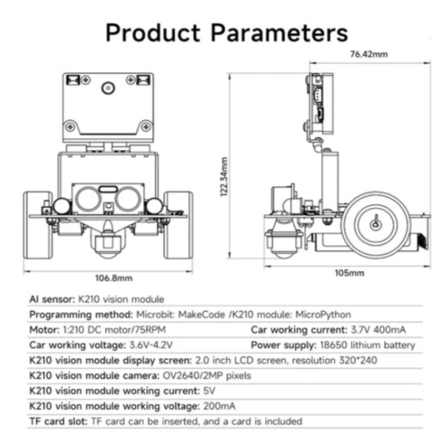 Product parameters and dimensions for the Tiny:bit Pro AI robot car.