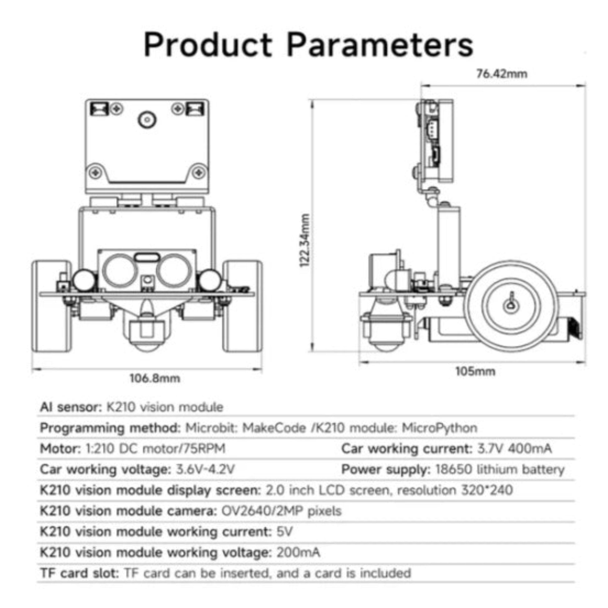 Product parameters and dimensions for the Tiny:bit Pro AI robot car.