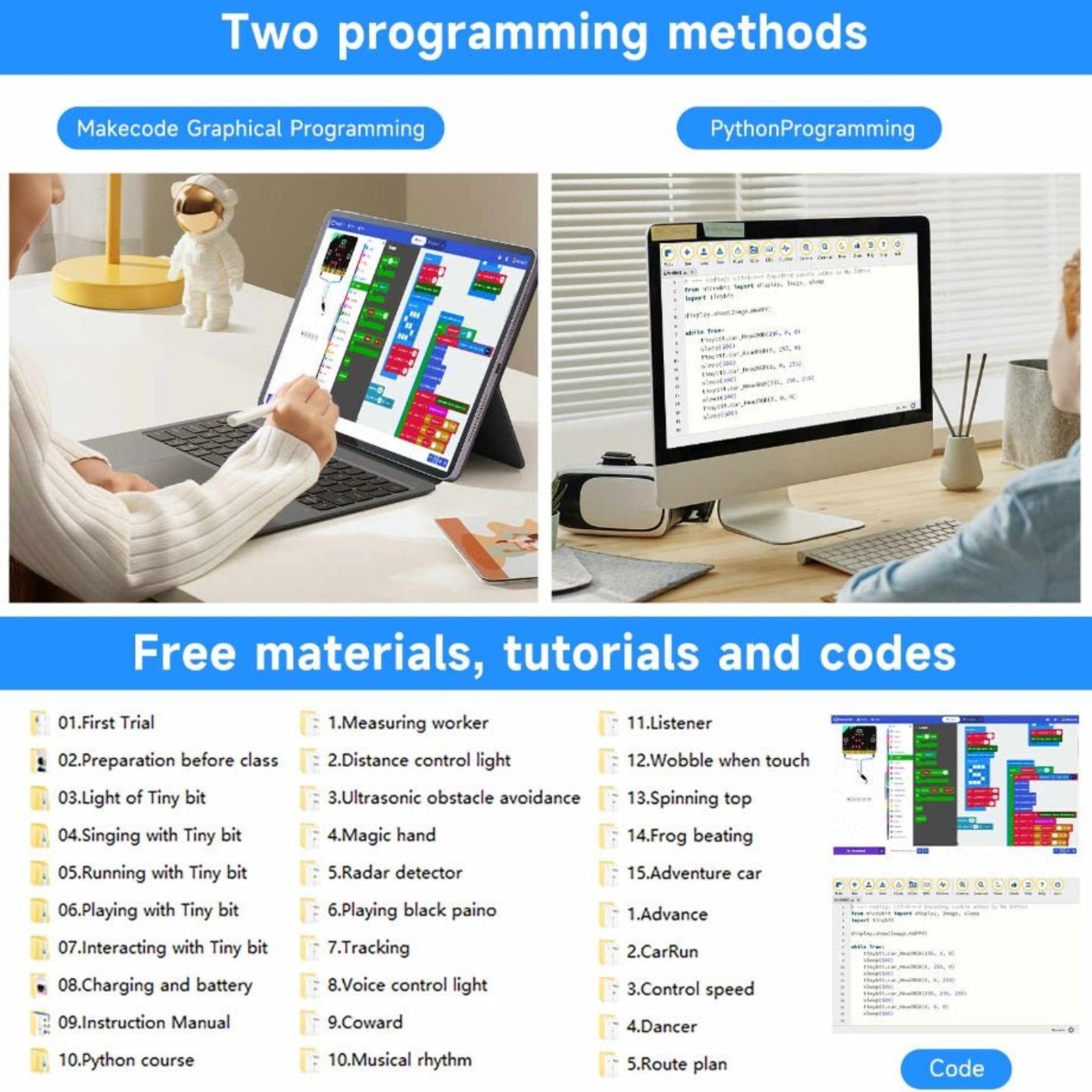 Image showcasing Two programming methods for Tiny:bit Smart Robot Car: Makecode graphical and Python programming with associated tutorial details.