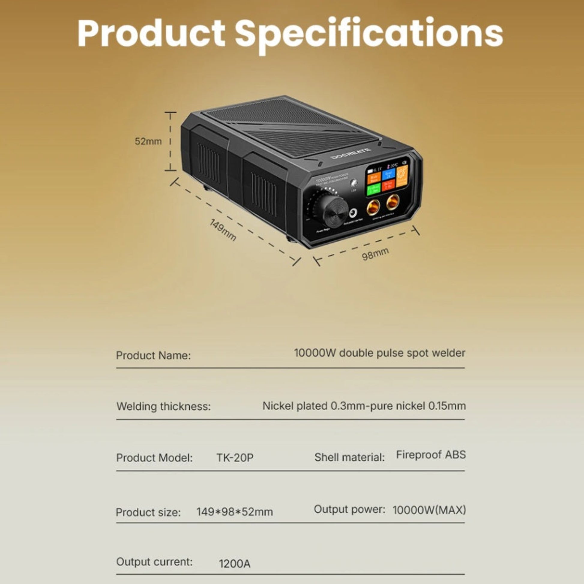 Detailed technical specifications for DOCREATE TK-20P 10000W welder.