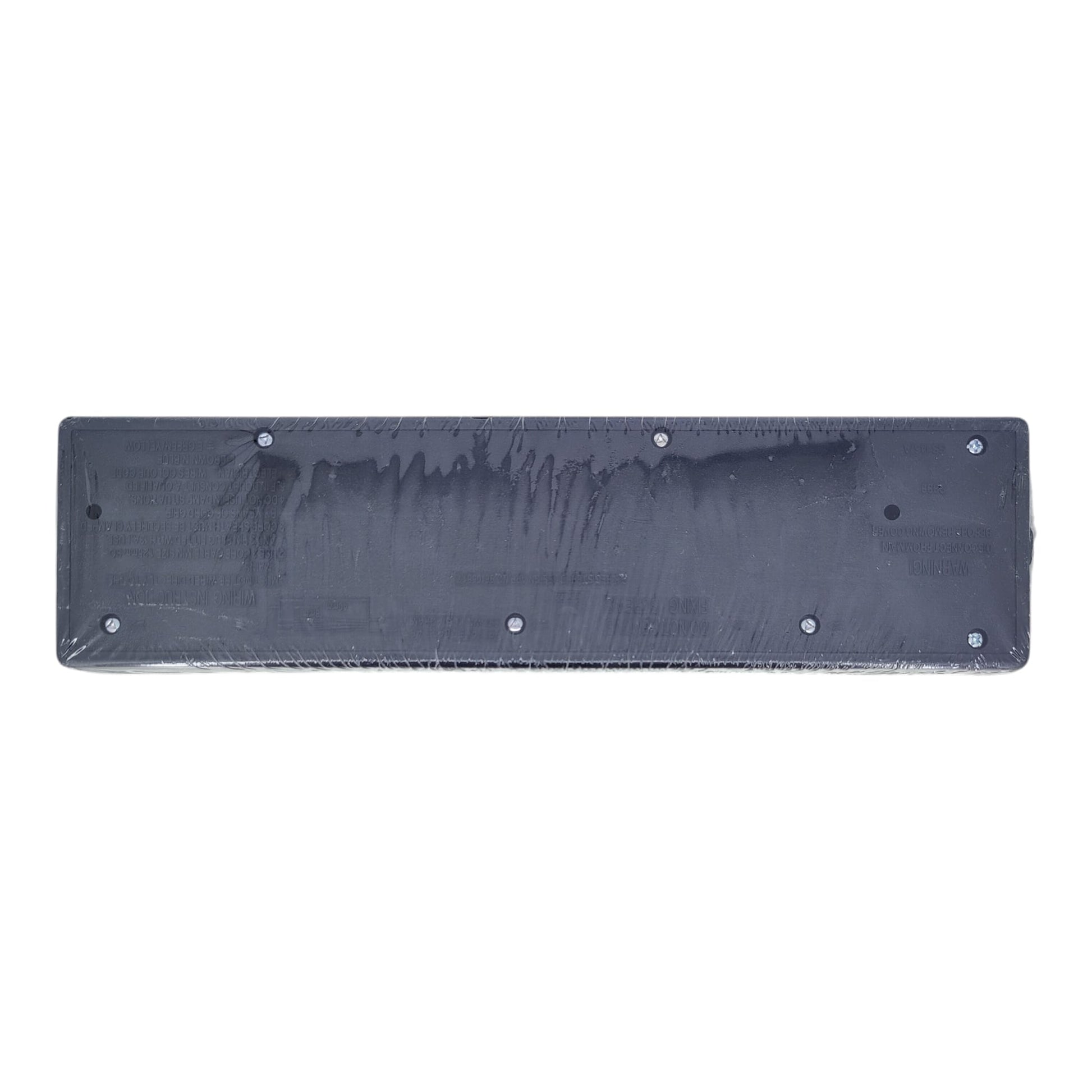 Back panel of the BS1363/A extension socket shell displaying wiring instructions and safety screws.