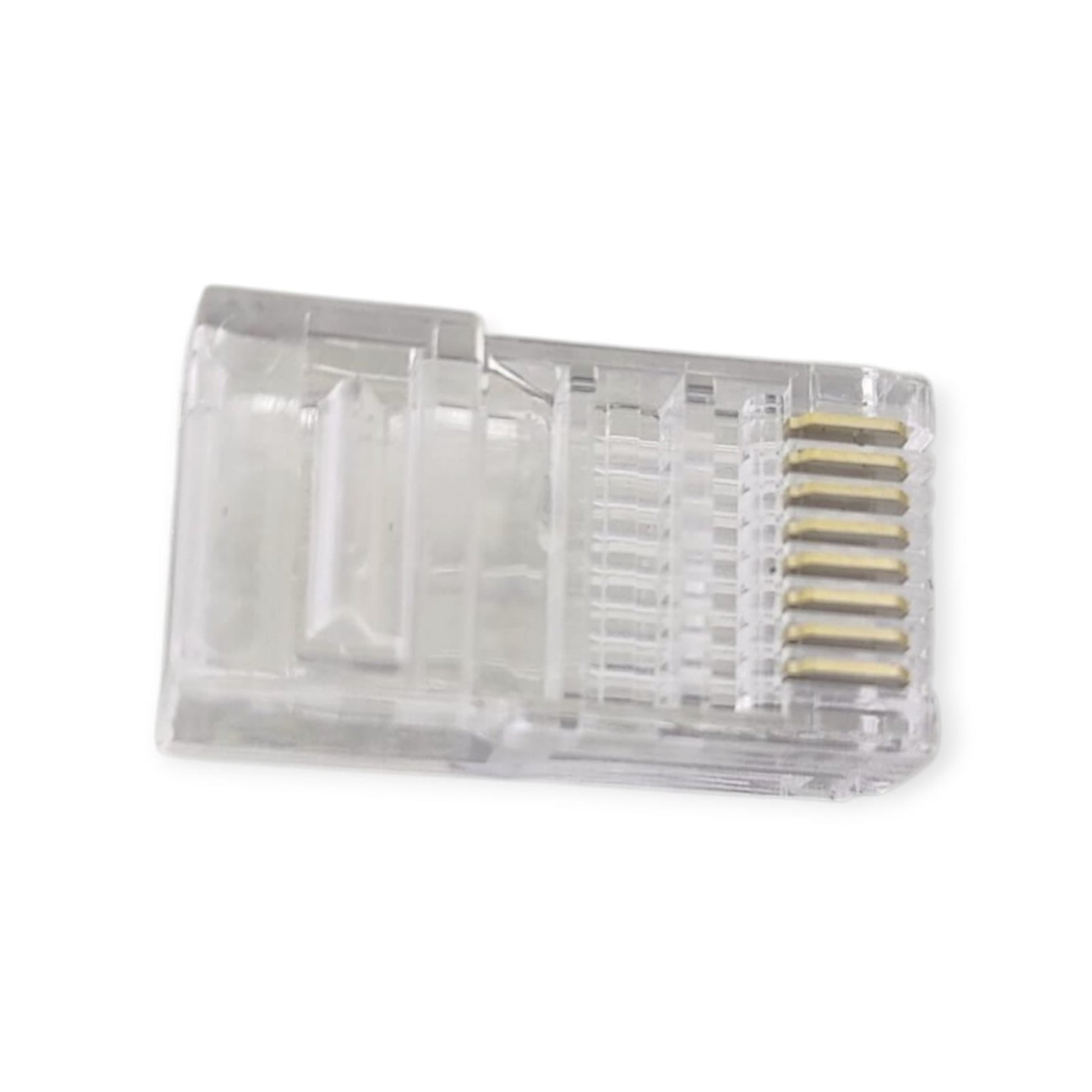 Top-down view of an RJ45 CAT5 pass-through connector, highlighting the eight gold-plated contact pins.