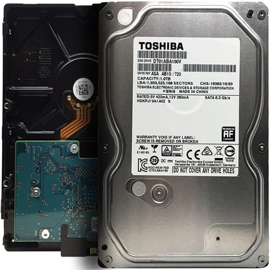 Toshiba 1TB 3.5" surveillance hard drive DT01ABA100V showcasing front and back design with specifications.