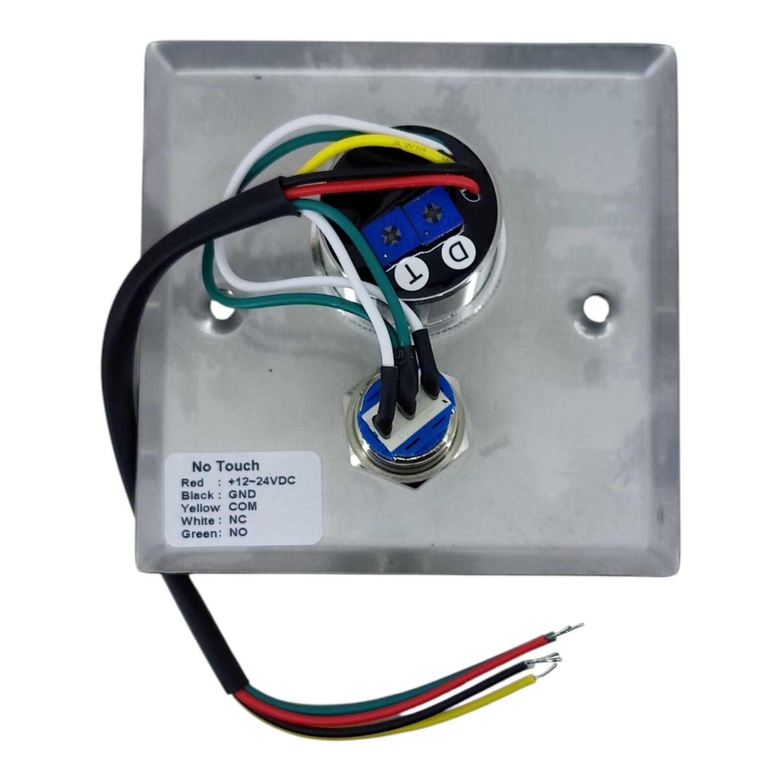 Back of the touchless exit switch showing the NO/NC/COM wiring diagram sticker and adjustable sensitivity/time delay dials.