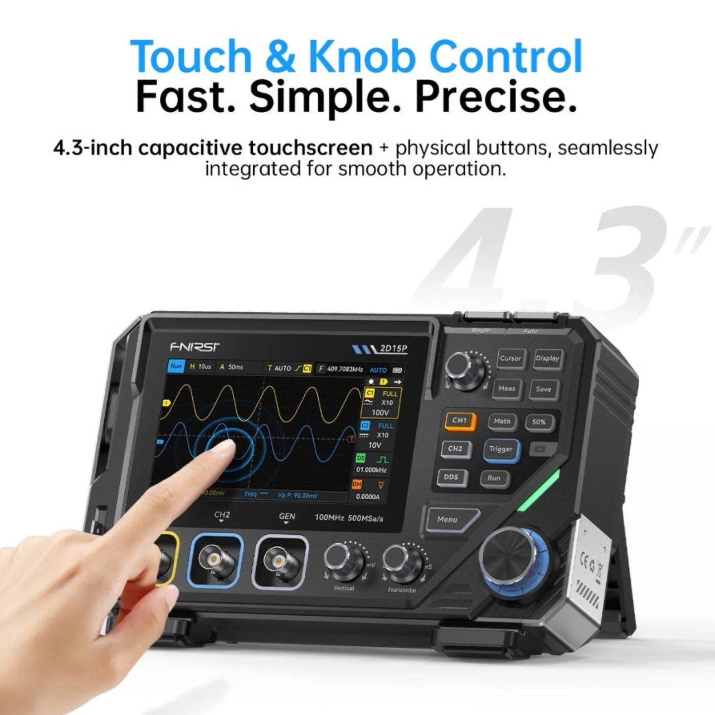 Finger utilizing the capacitive touchscreen to zoom in on a waveform
