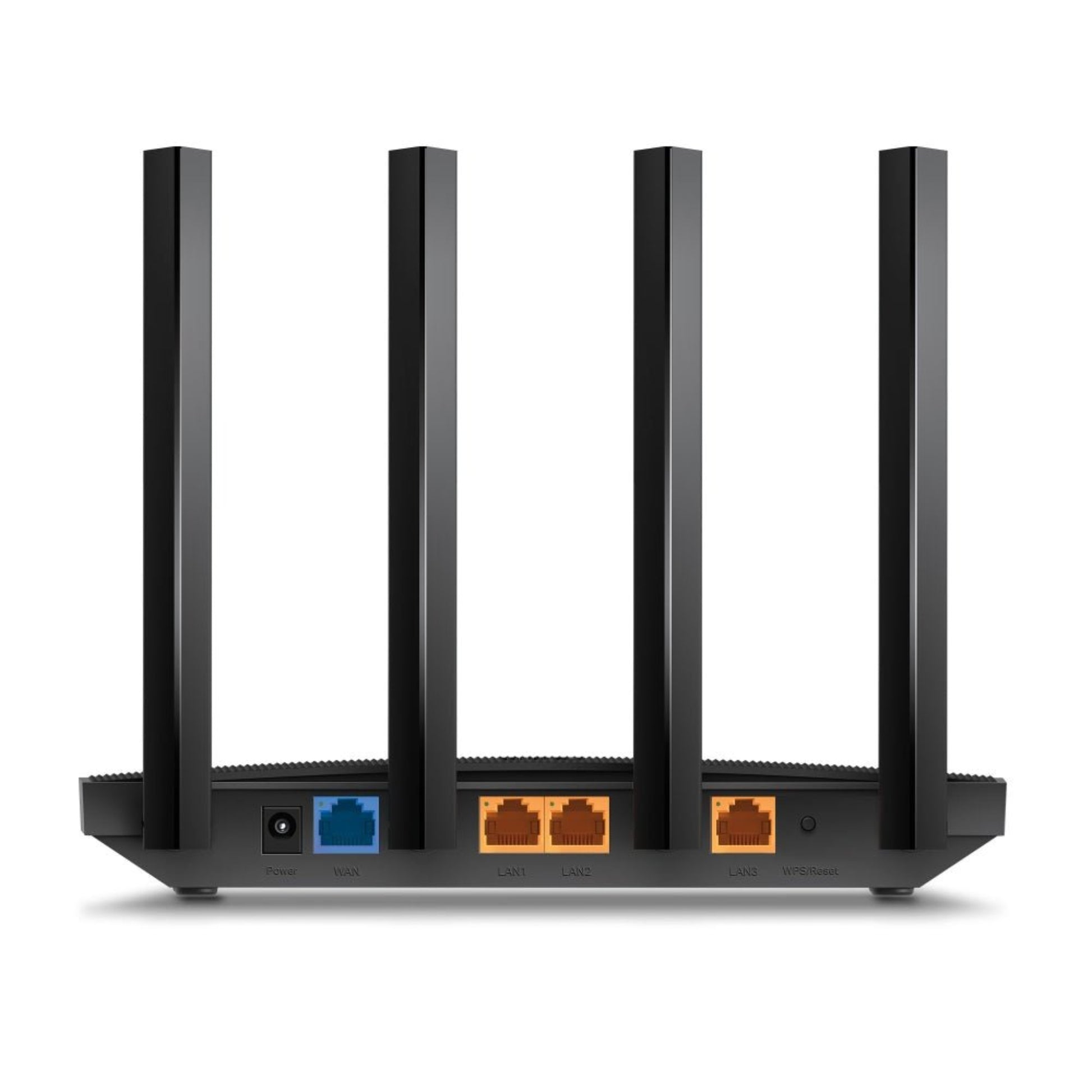 Back view of the TP-Link Archer AX12 WiFi 6 Router showing four antennas and multiple Ethernet ports.
