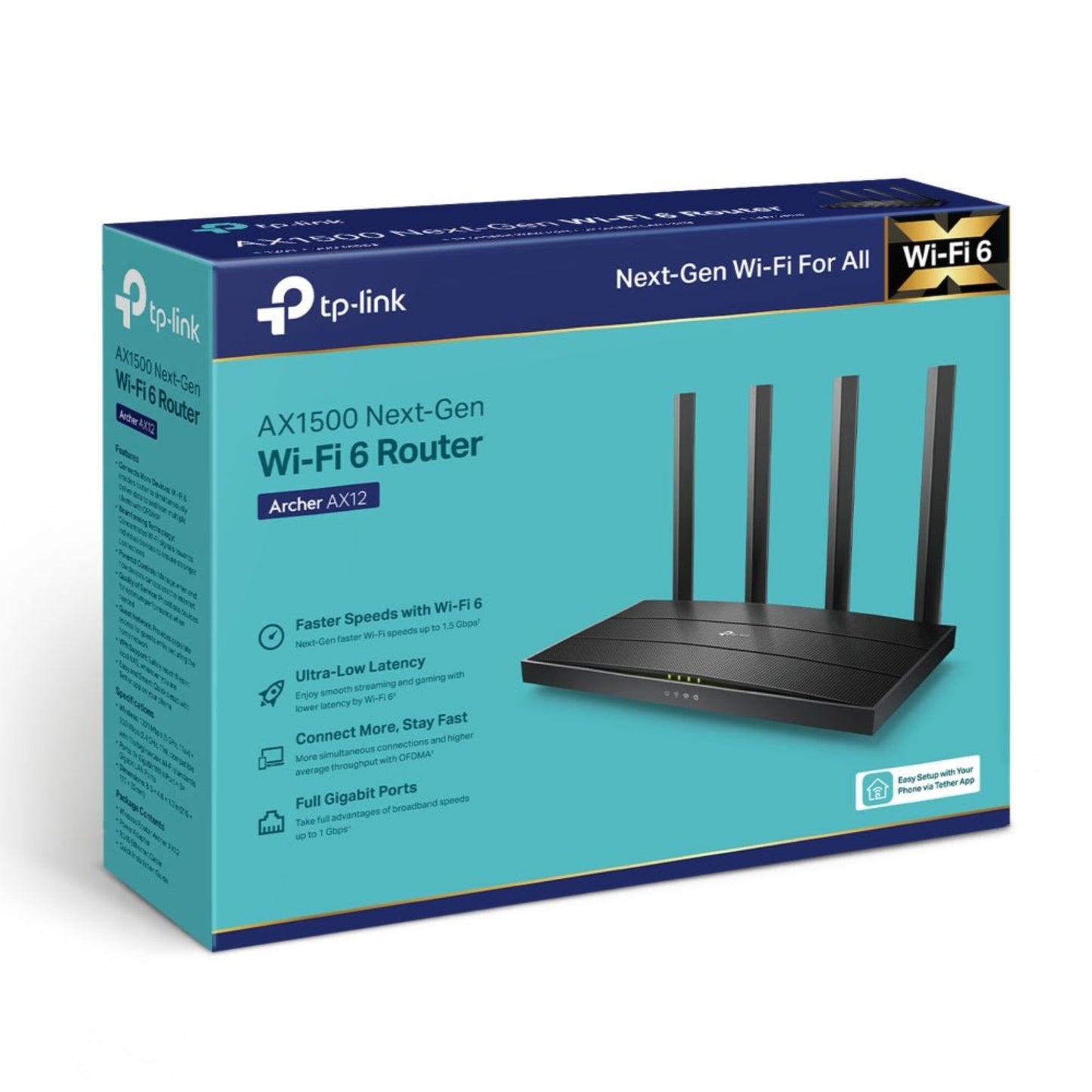 TP-Link Archer AX12 WiFi 6 router packaging showcasing advanced features and sleek design.