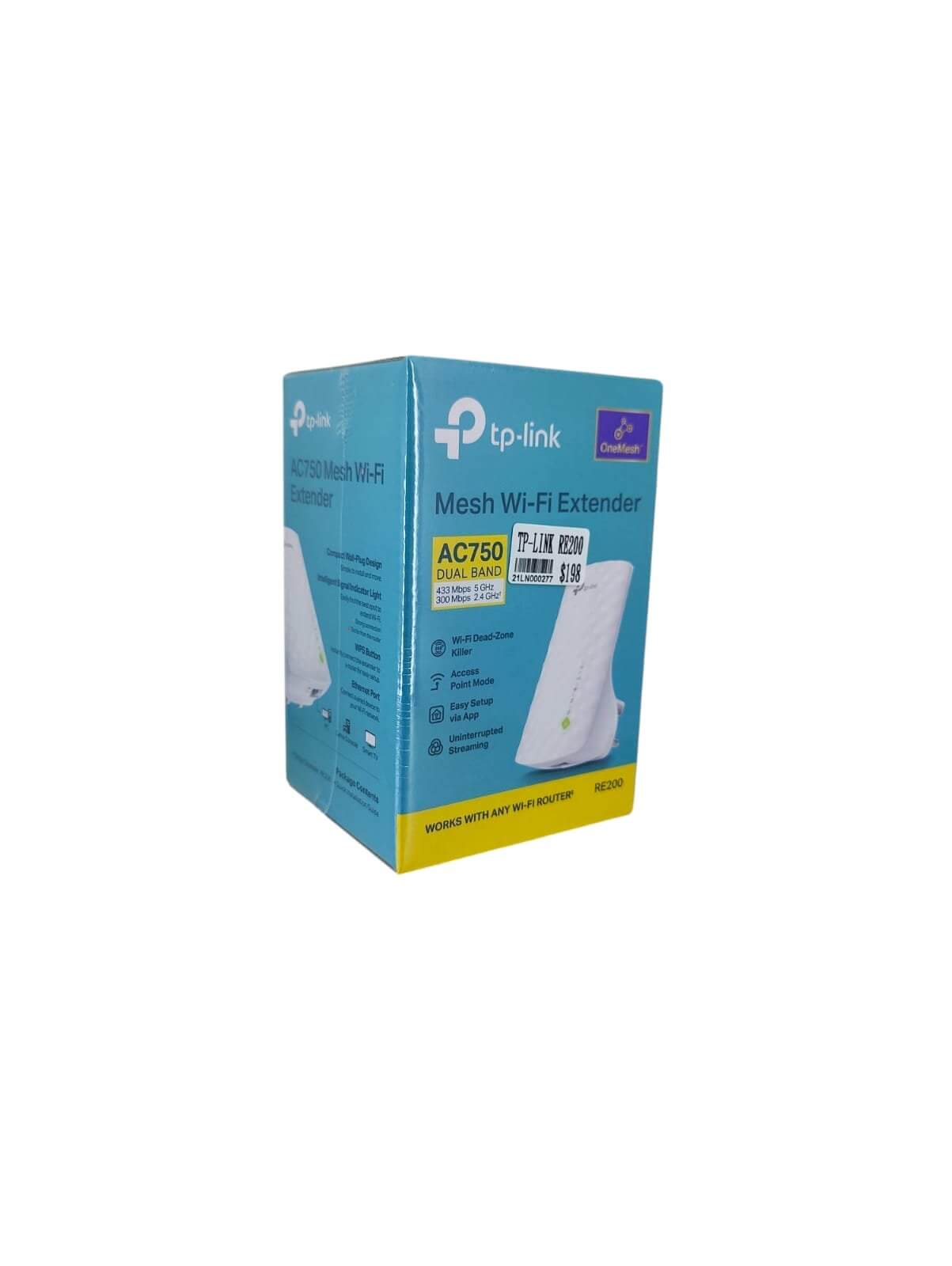 TP-Link RE200 AC750 Dual-Band Wi-Fi Range Extender packaging, designed for seamless connectivity and boosted Wi-Fi coverage.