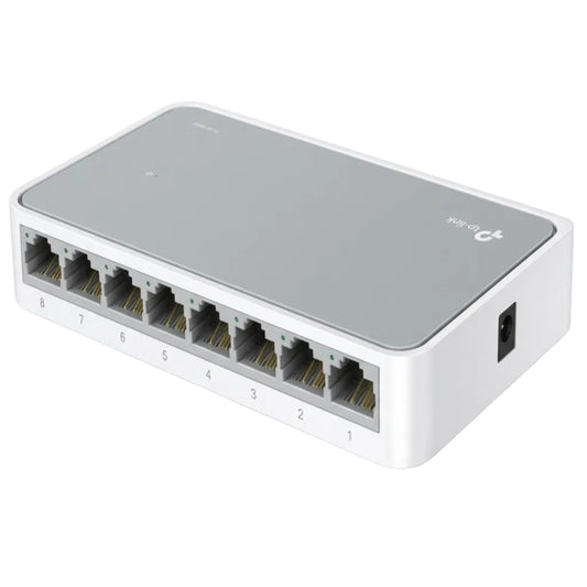 TP-Link TL-SF1008D 8 埠 10/100Mbps 桌面型乙太網絡交換器，白色簡約機身設計。