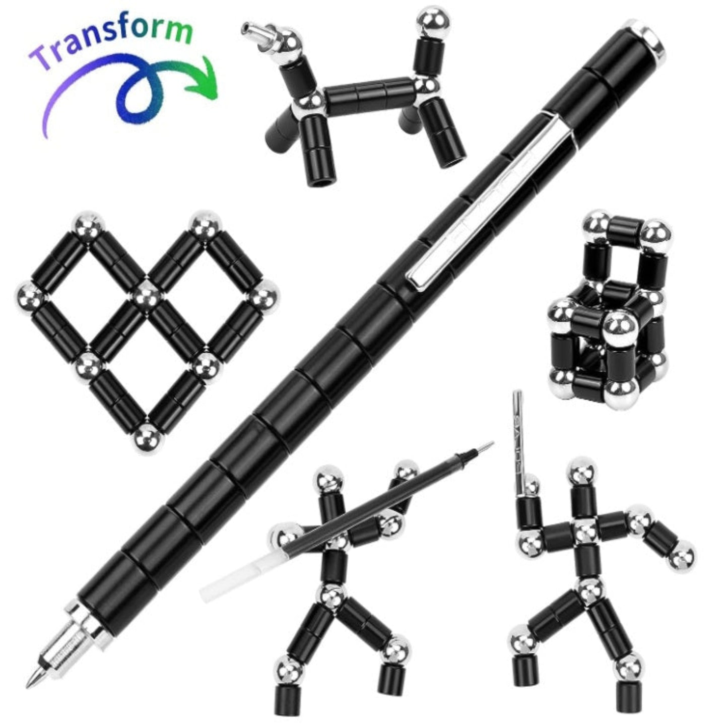 Magnetic fidget pen transformed into a robot and dog shape using steel balls.