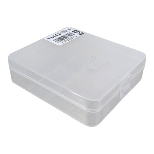 A small translucent plastic storage box with a hinged lid, shown at an angle on a plain white background. A white barcode sticker is visible on the top surface.
