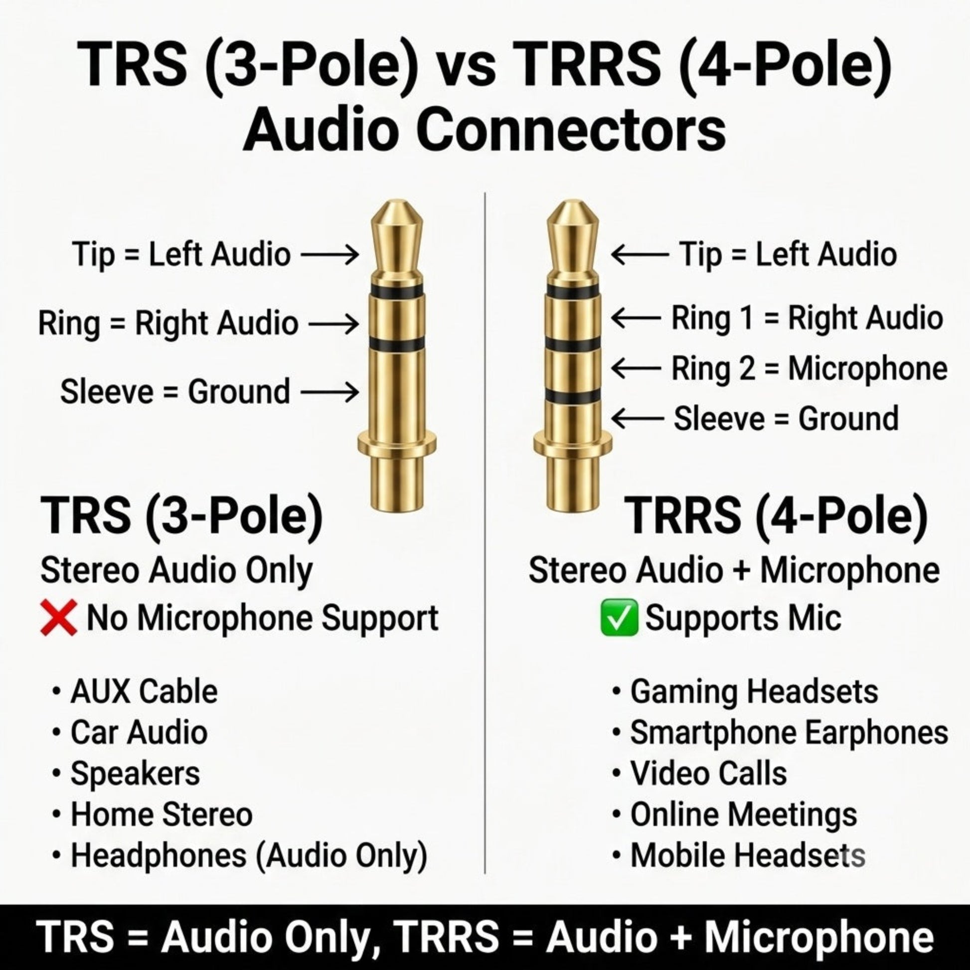 TRS 3極與TRRS 4極3.5mm插頭對比圖解，教你分辨純音訊與麥克風功能之差異。
