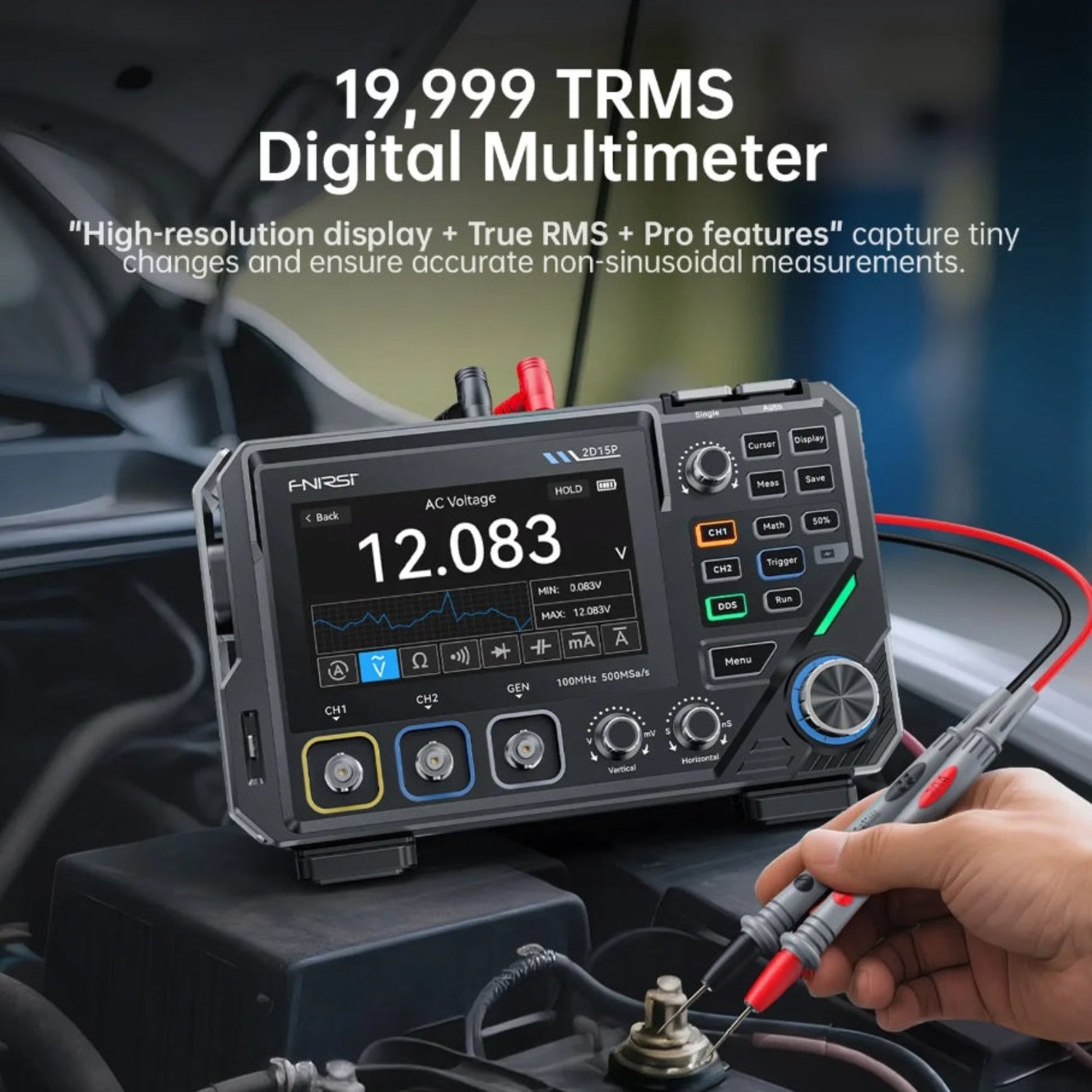 Testing a car battery voltage using the True RMS multimeter function