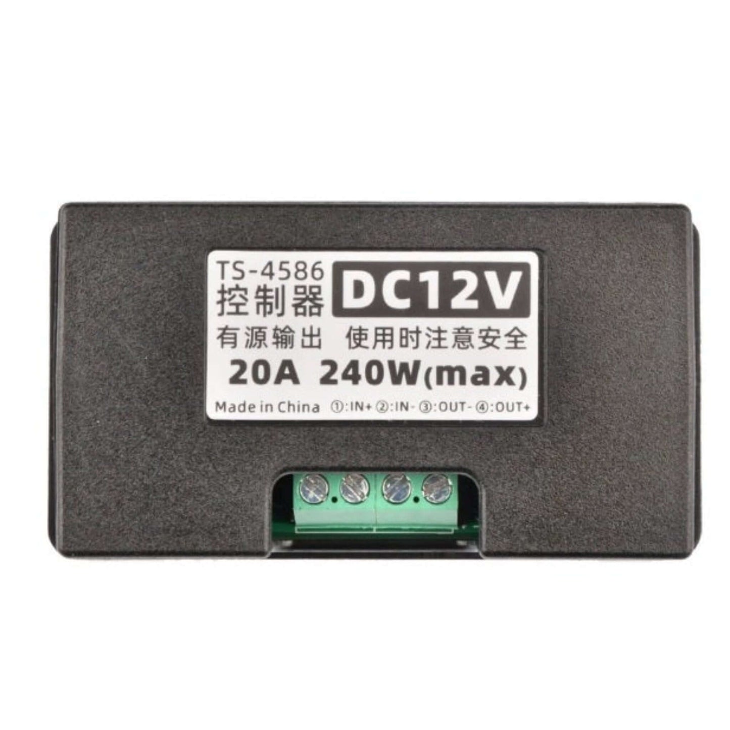 Top view of the TS-4586 timer showing the IN+, IN-, OUT-, and OUT+ wiring terminals.