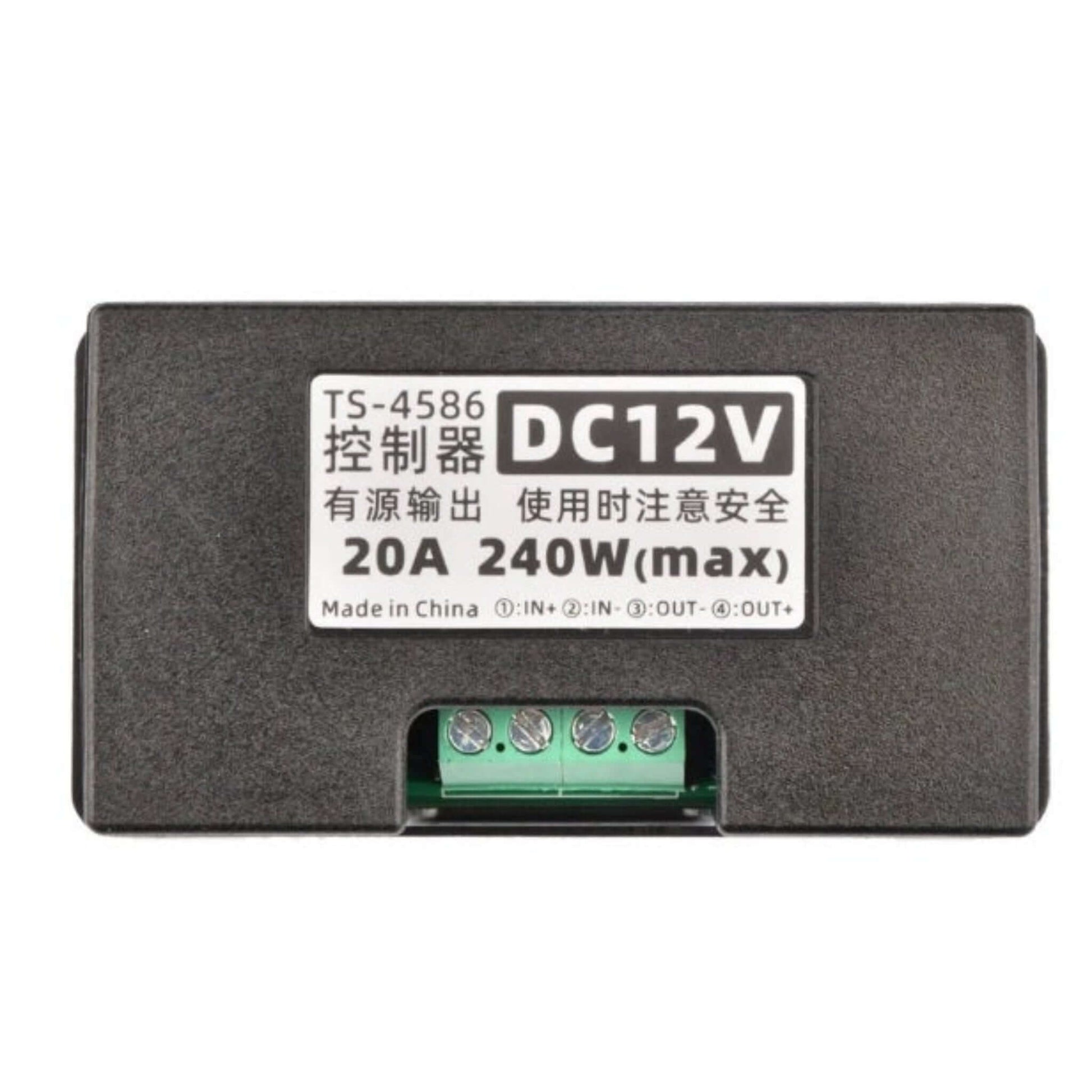 Top view of the TS-4586 timer showing the IN+, IN-, OUT-, and OUT+ wiring terminals.