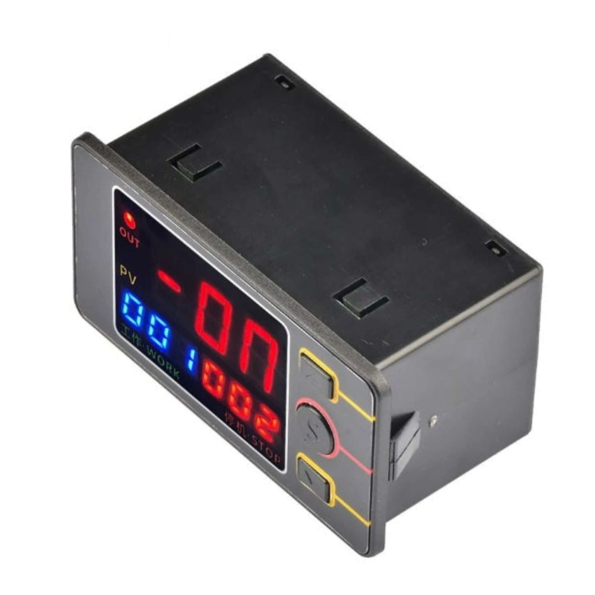 Digital display device with red and blue LED indicators on a white background