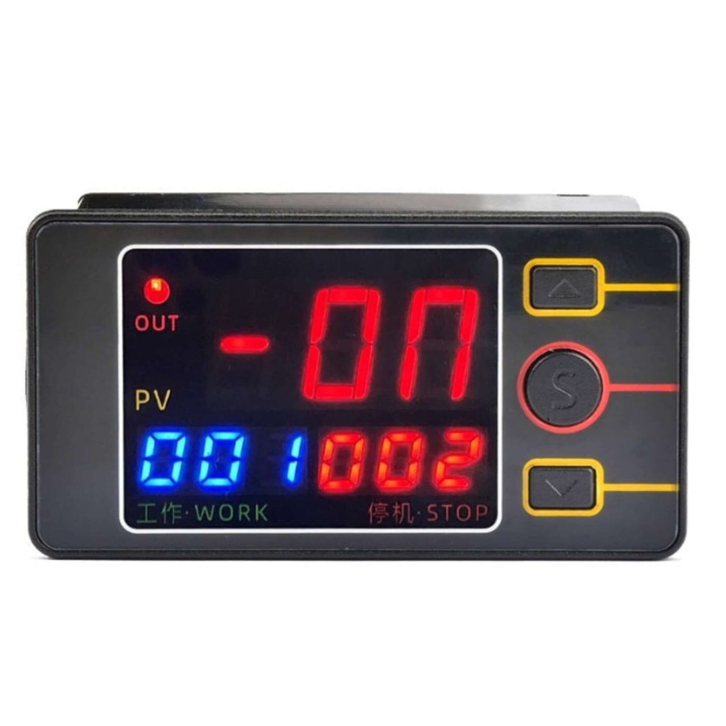 Front view of TS-4586 DC 12V digital timer relay showing WORK and STOP time displays.