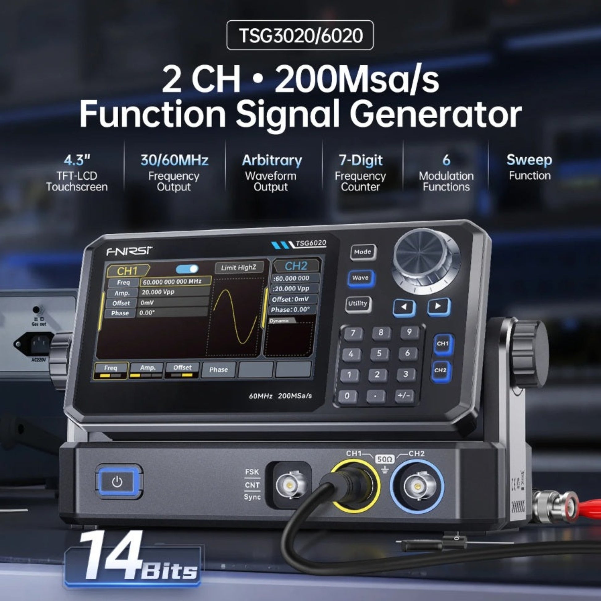 Overview of TSG6020 features including 14-bit resolution and 200MSa per second sampling rate.