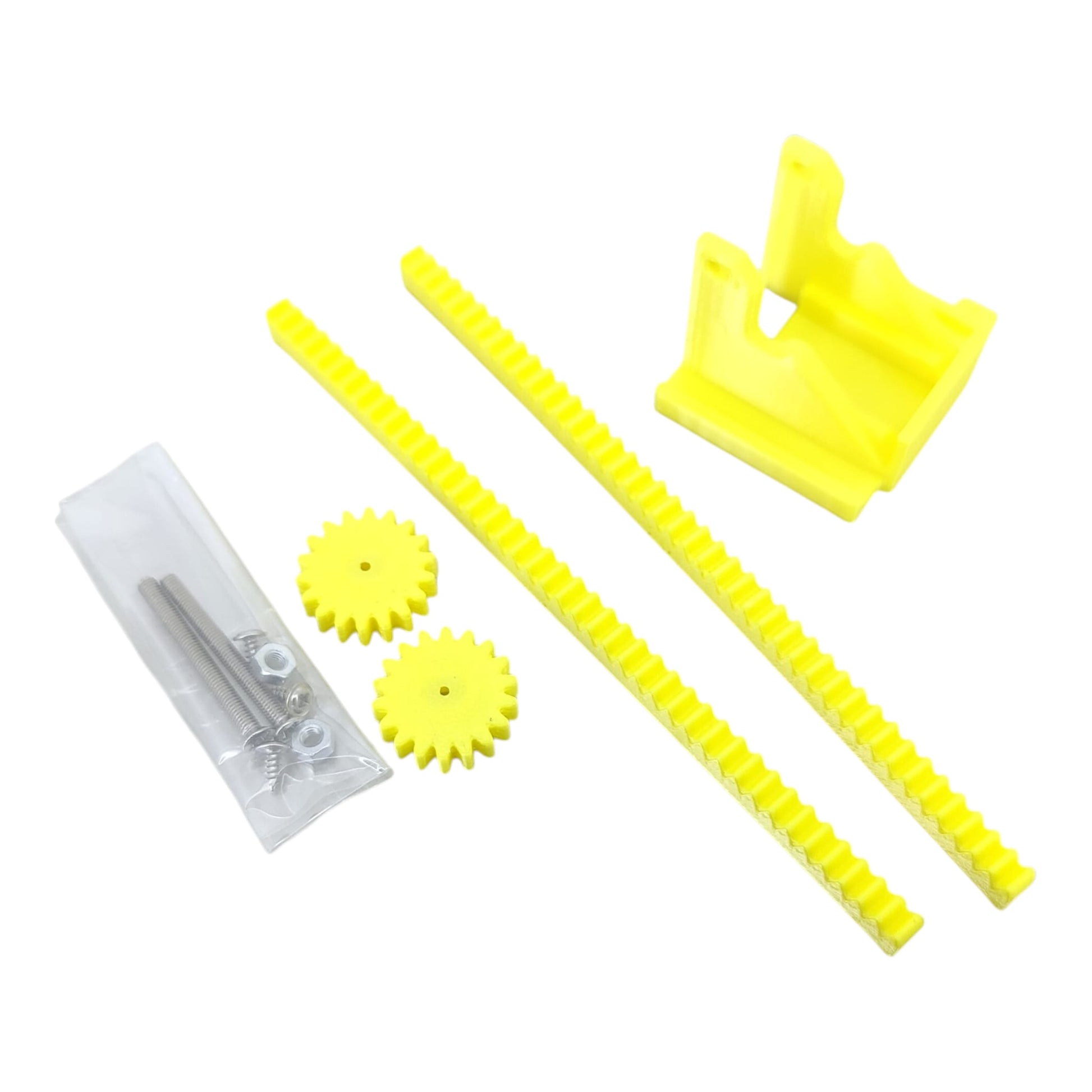 Angled view of the TT motor mounting bracket and linear plastic gears.