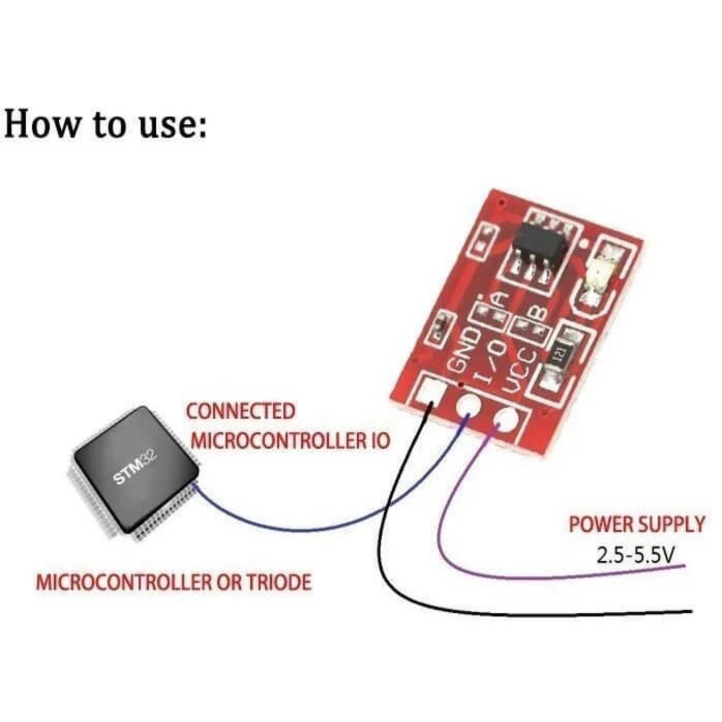 Wiring diagram of TTP223 DIY Touch Button Module showing microcontroller connection and power supply of 2.5-5.5V.