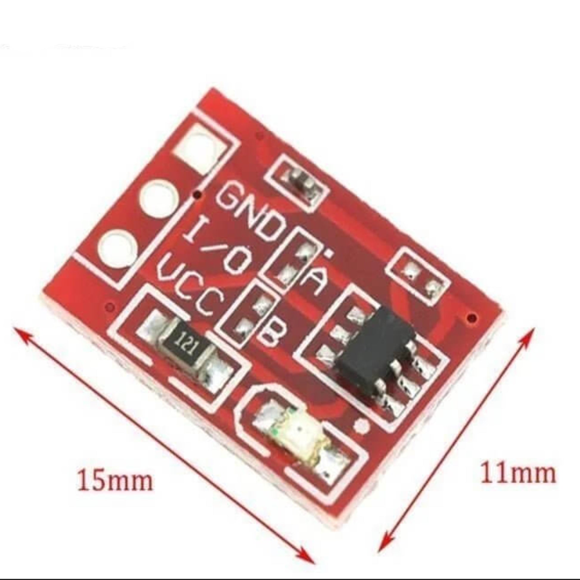 TTP223 DIY Touch Button Module with dimensions 15mm x 11mm and key components labeled for easy setup.