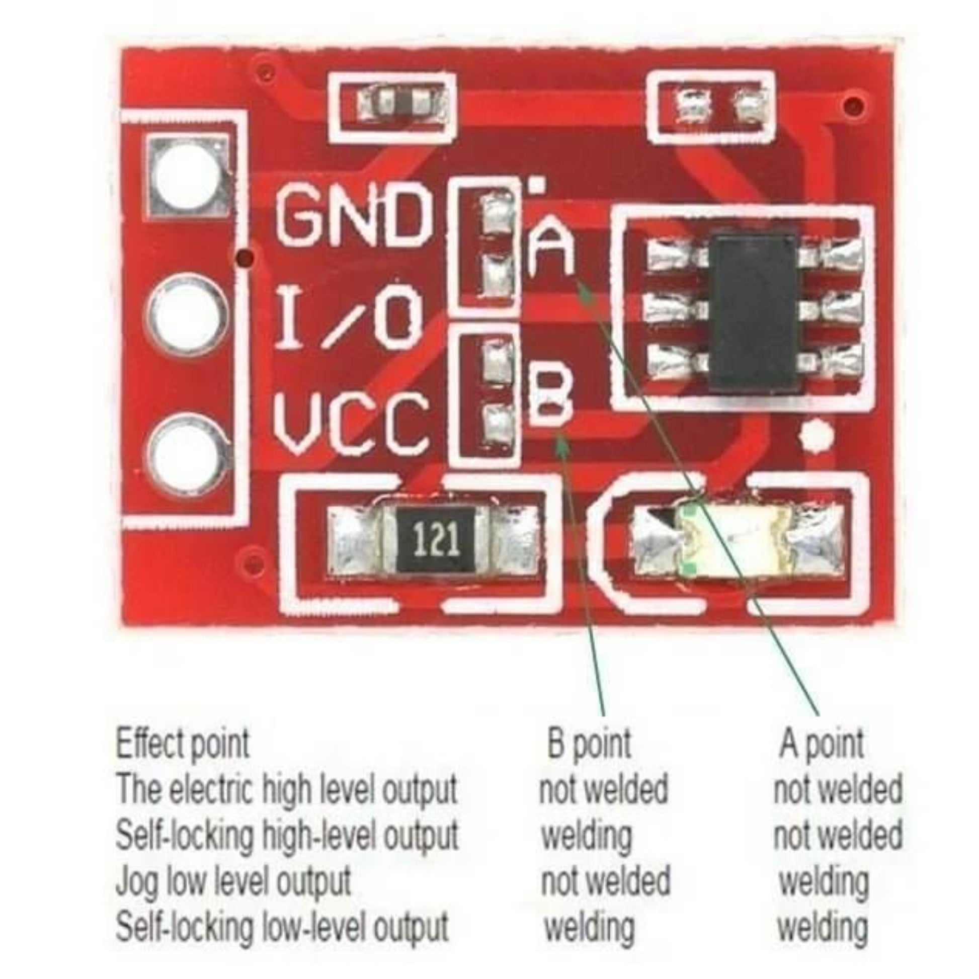 TTP223 DIY Touch Button Module showing input/output connections and self-locking feature labels.