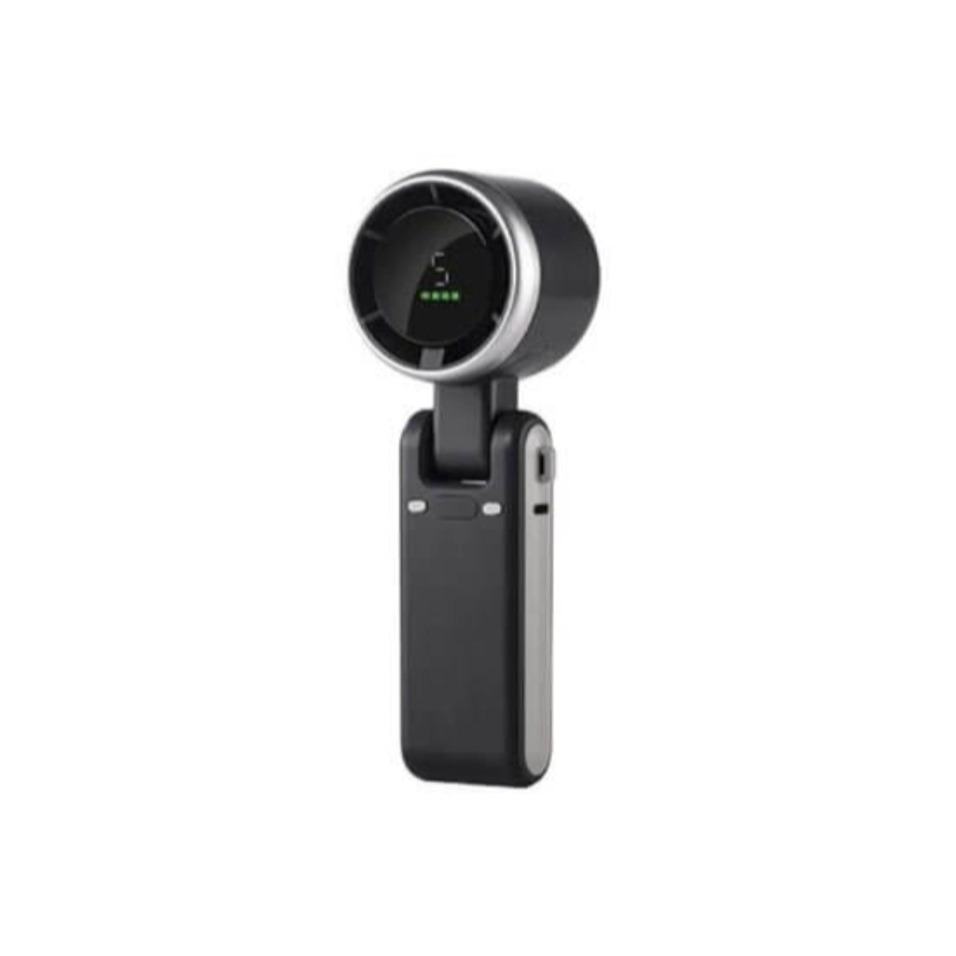 Black mini handheld portable turbo fan with a folding handle design for outdoor use.