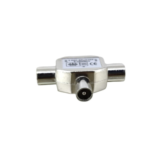 Coaxial TV splitter adapter, 1 male to 2 female, durable silver metal housing, anti-oxidative, T-shape design.