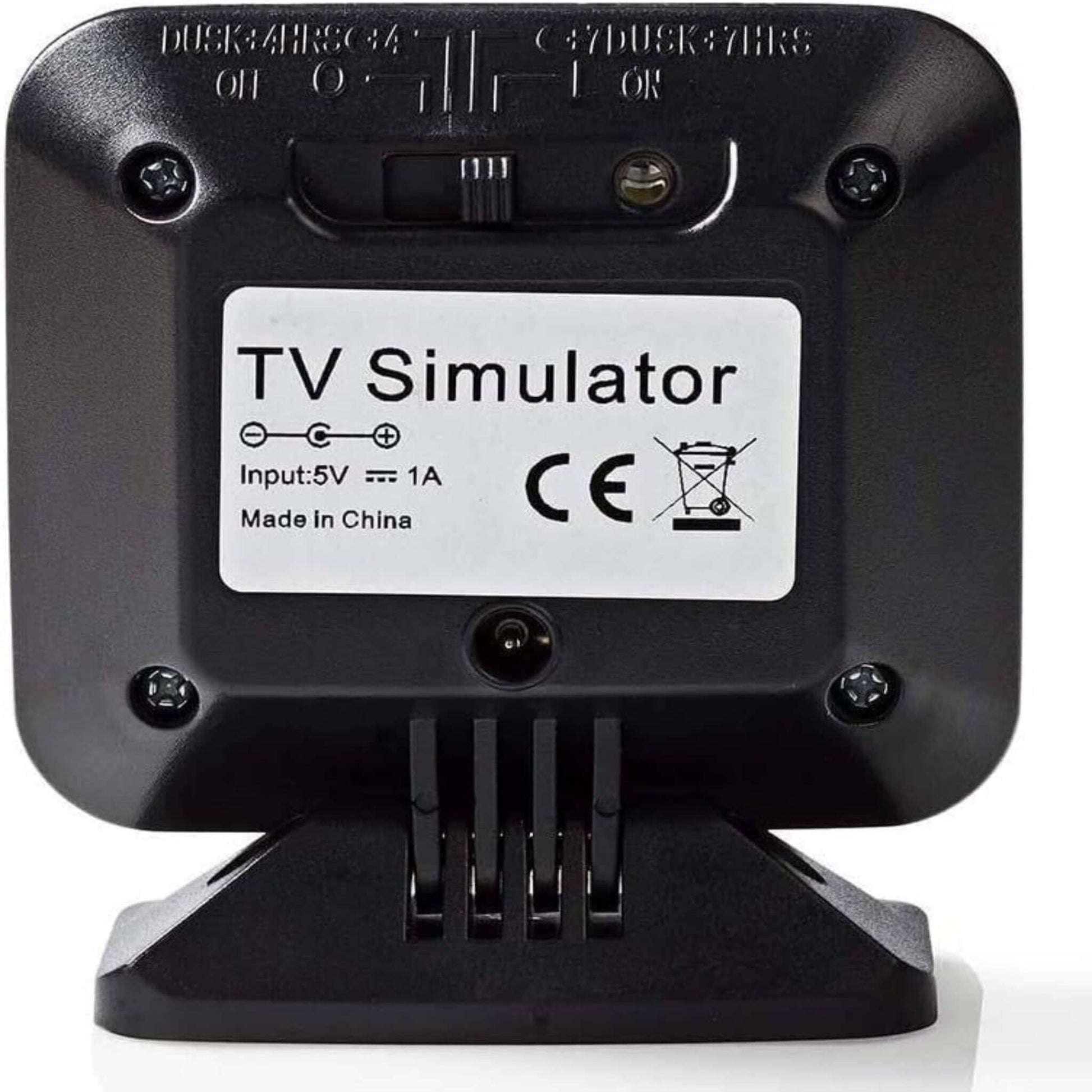 Back view of a TV simulator home security light with label, designed to deter intruders using LED light patterns.