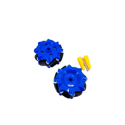 Pair of 52mm blue Mecanum wheels with yellow adapters and screws for DIY RC cars.