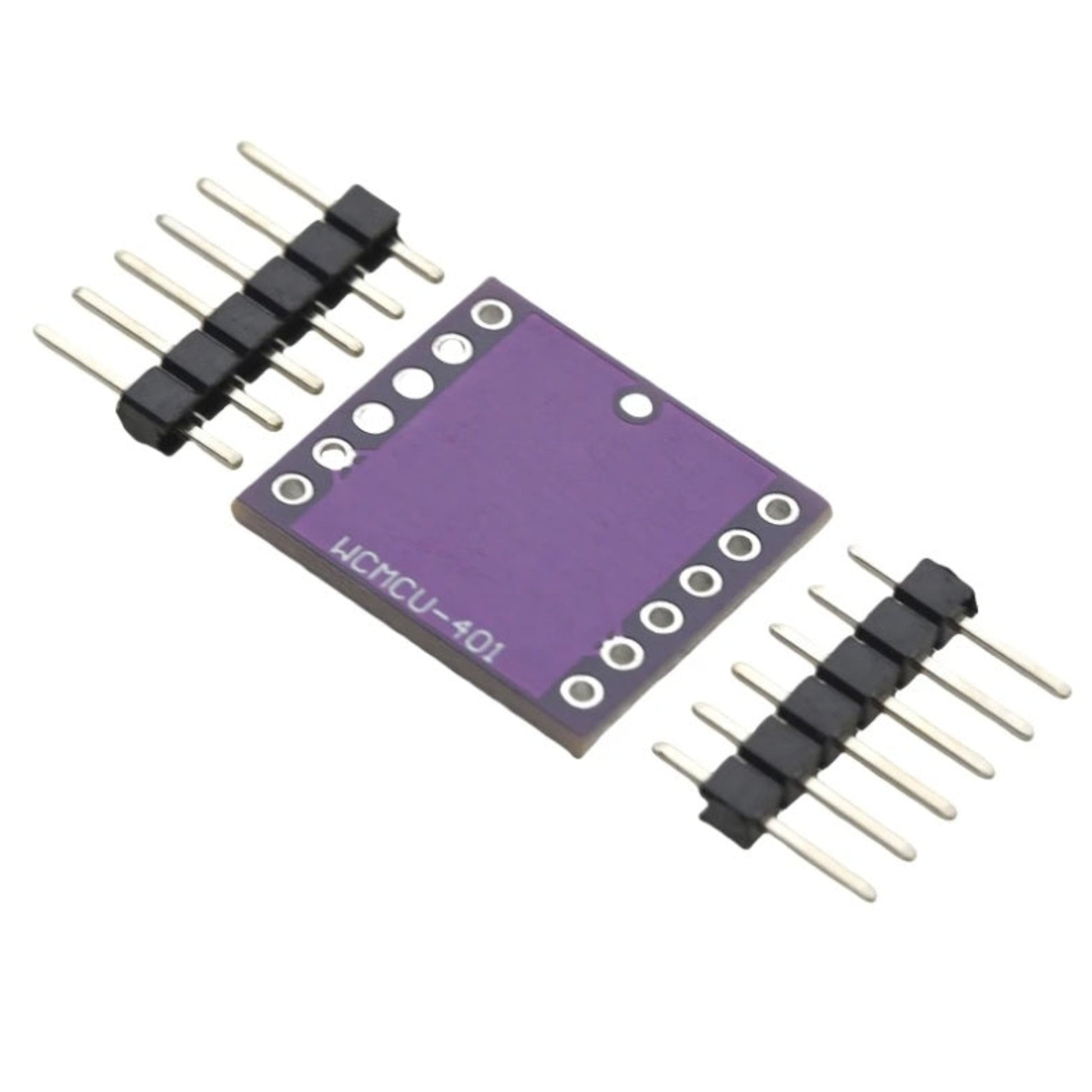 WCMCU-401 印刷電路板 (PCB) 的底部視圖，展示紫色的防焊層以及清晰的引腳定義絲印標記。