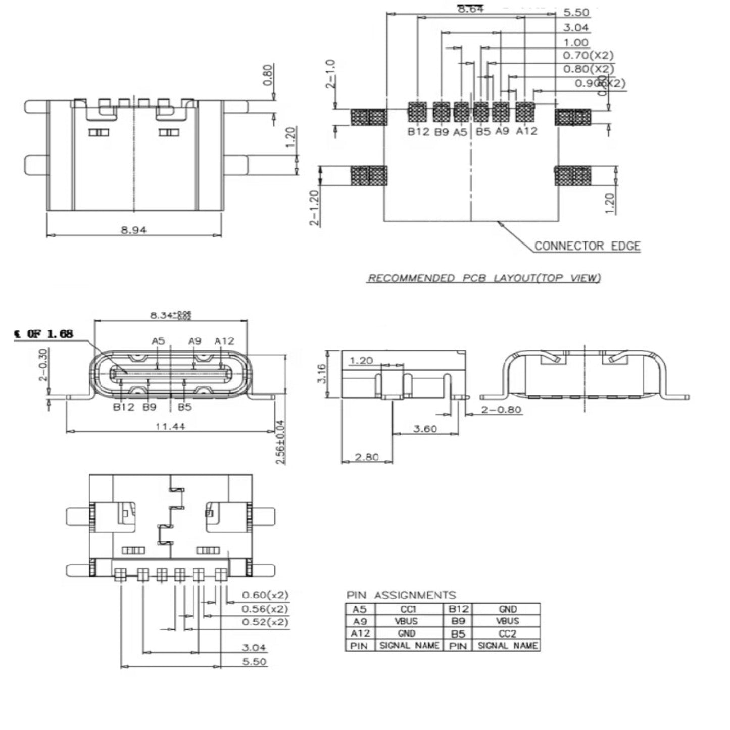 6-Pin Type-C 母座的工程尺寸圖及底板 PCB 佈局建議，方便創客設計電路。