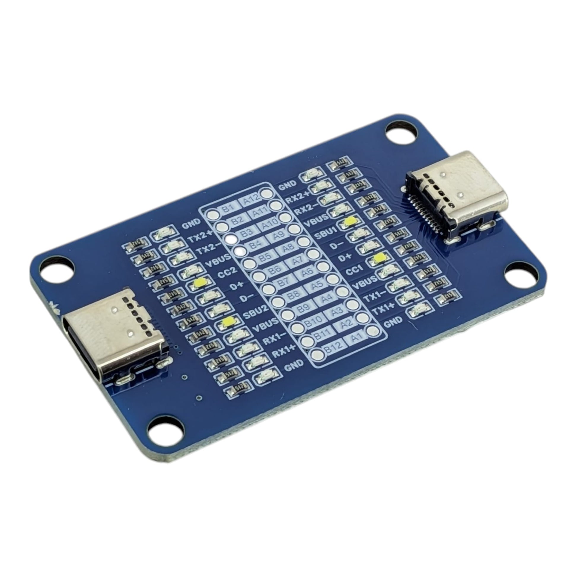 Angled view showing the dual Type-C ports on the continuity test board.