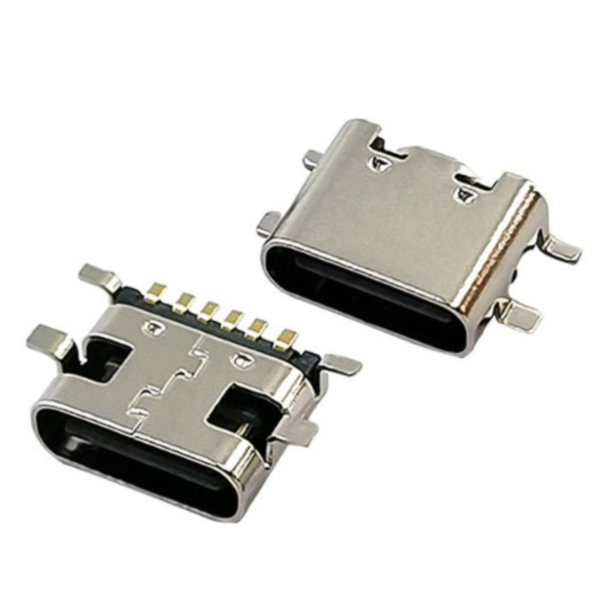 Type-C 焊接頭底部特寫，清晰顯示 6 支 SMD 銅接點針腳及 4 支直插式固定腳。