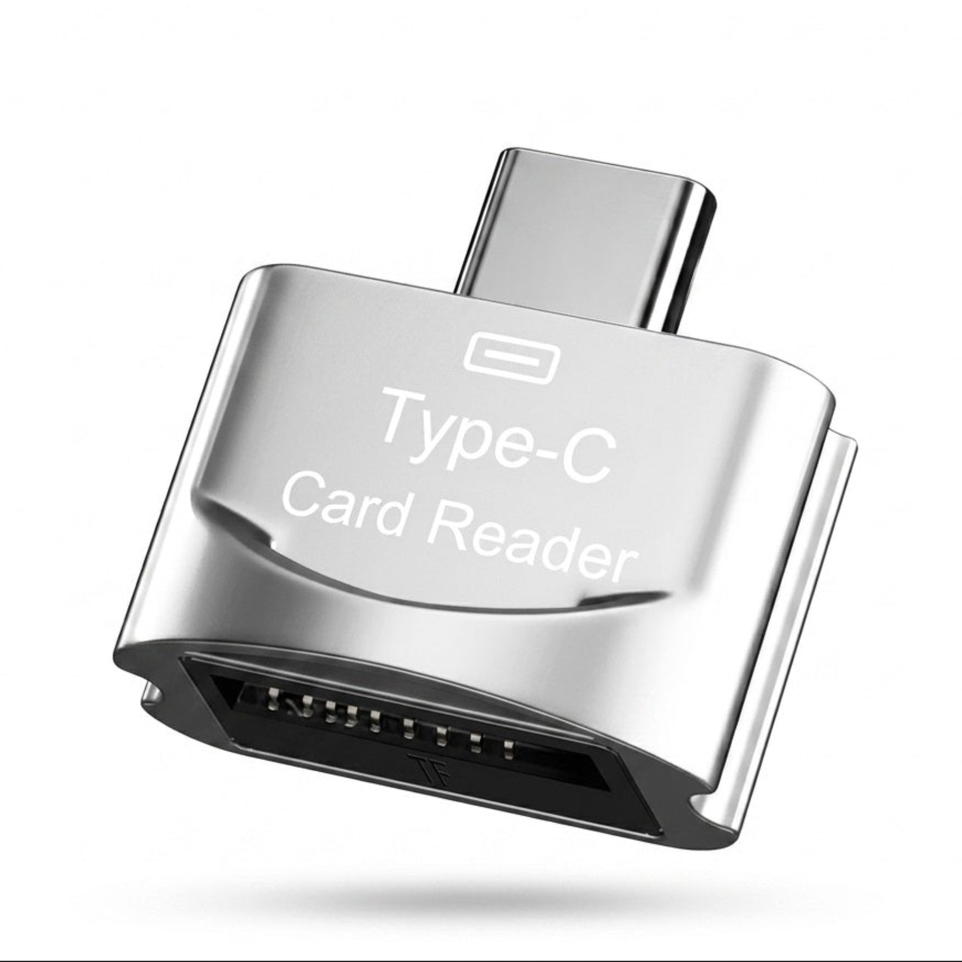 Type-C 至 Micro SD (TF) 讀卡器，支援手機及平板電腦數據傳輸，採用鋅合金銀色外殼設計，輕巧便攜。