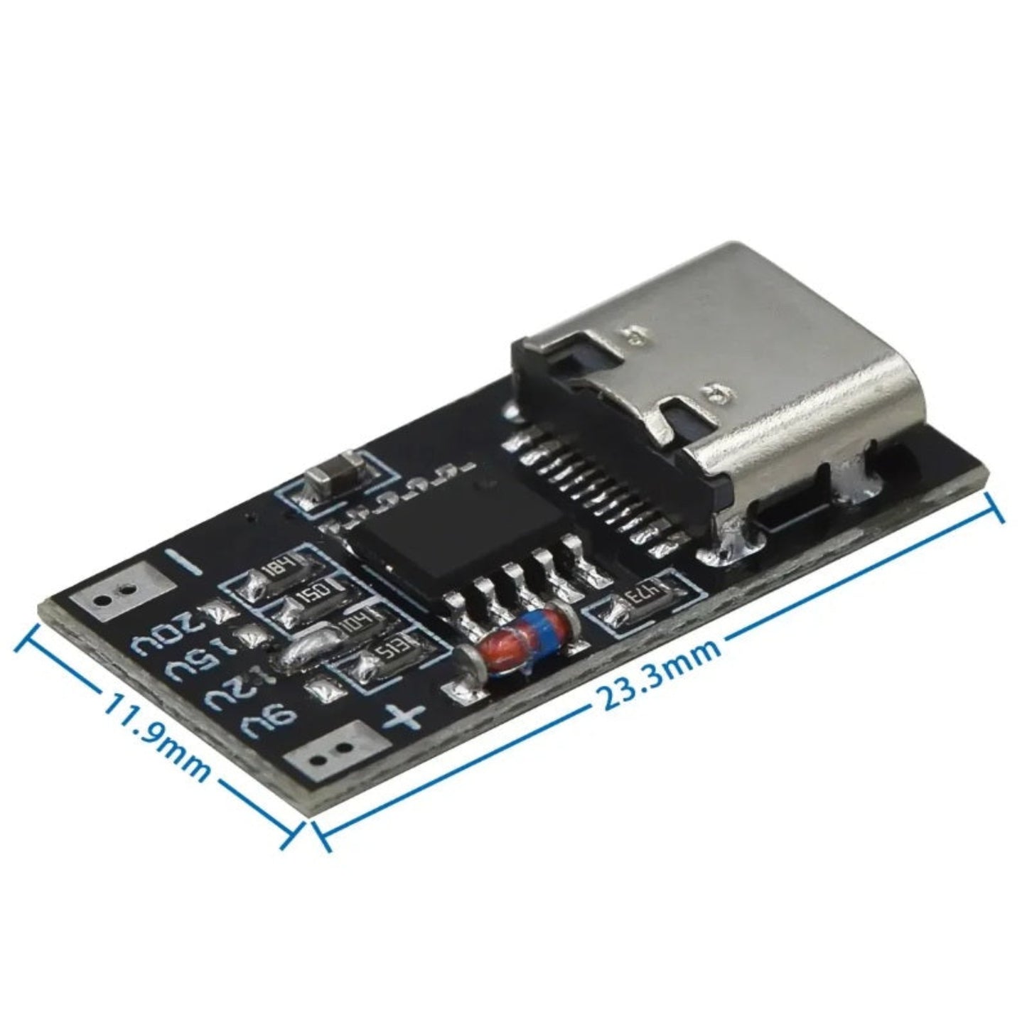 Dimensions of the Type-C voltage trigger detector measuring 23.3mm by 11.9mm.