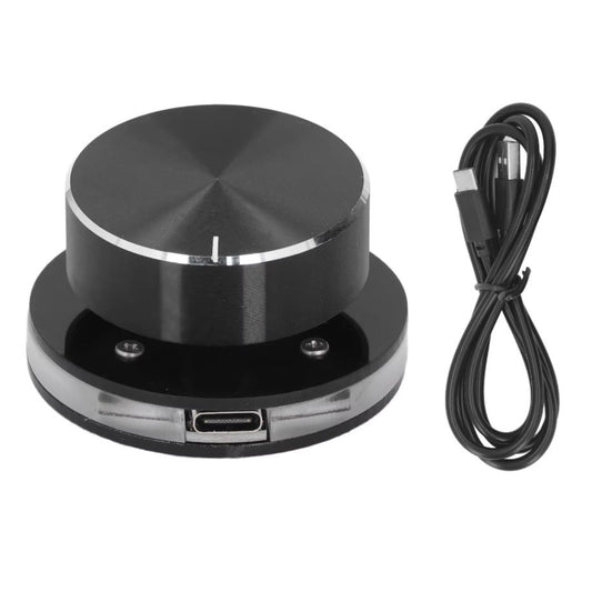 USB-C volume controller shown with the included black USB-C to USB-A data cable.