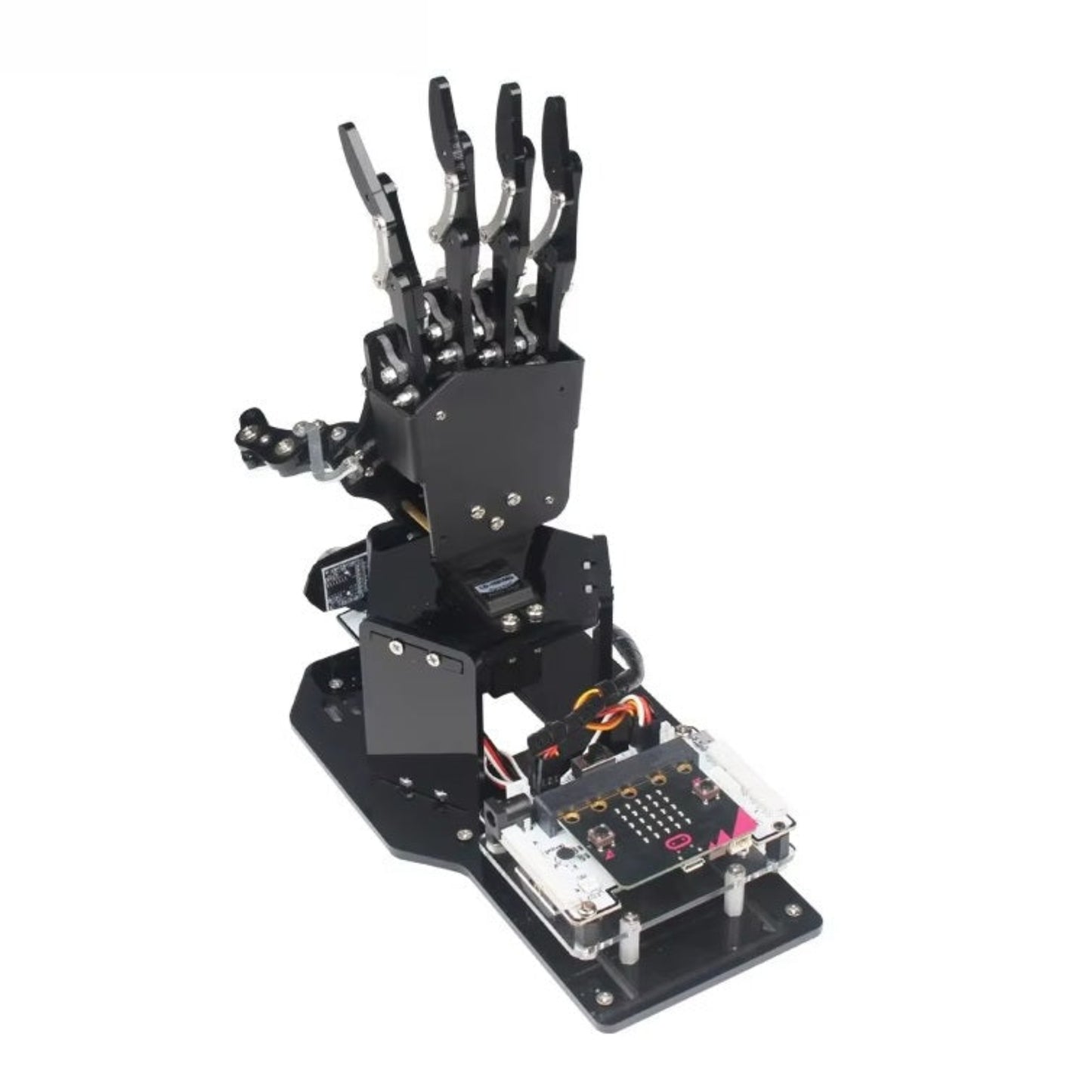 uHandbit micro:bit 仿生機械手掌套件正面圖，具備超聲波與顏色傳感器。
