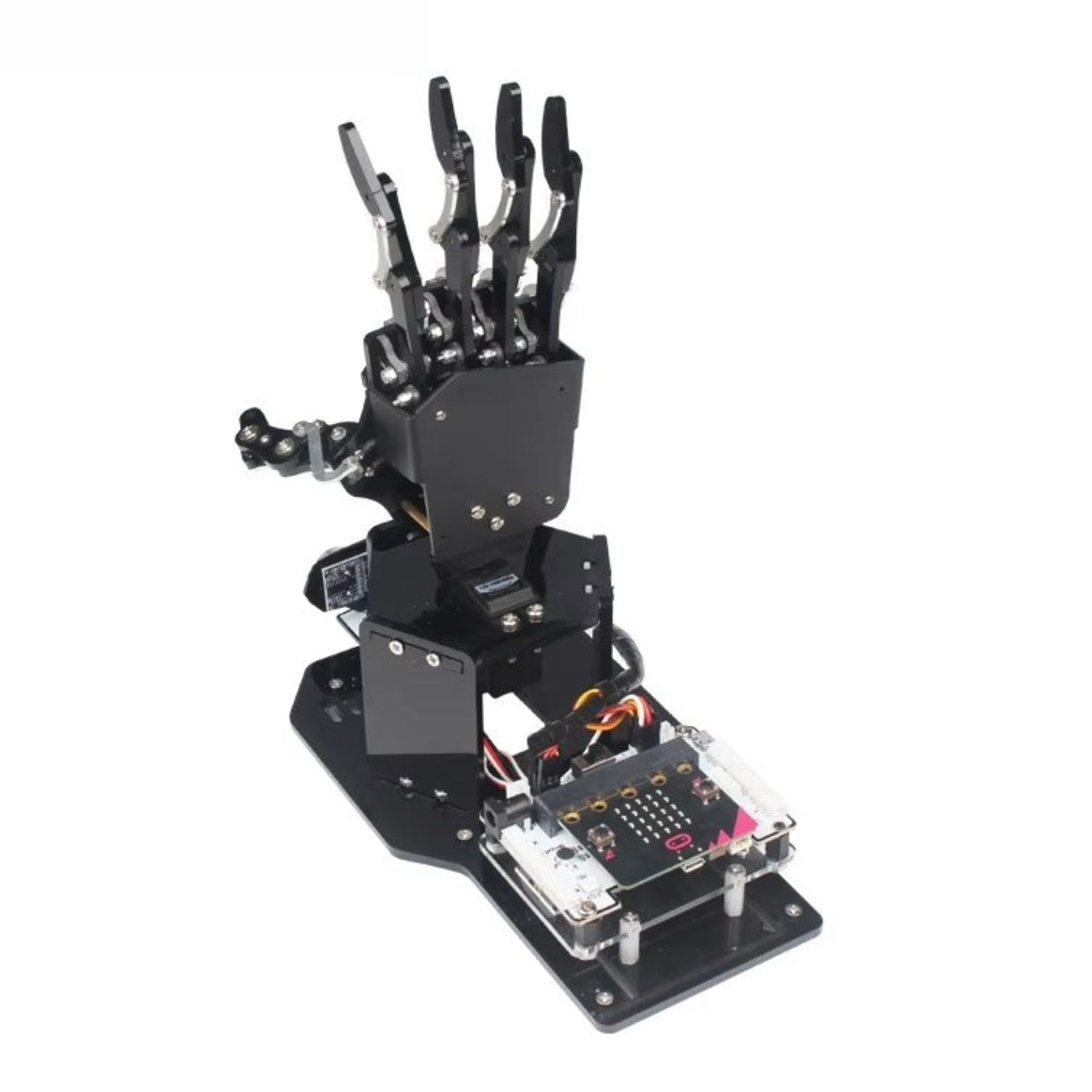 uHandbit micro:bit 仿生機械手掌套件正面圖，具備超聲波與顏色傳感器。