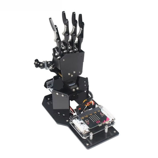 uHandbit micro:bit 仿生機械手掌套件正面圖，具備超聲波與顏色傳感器。