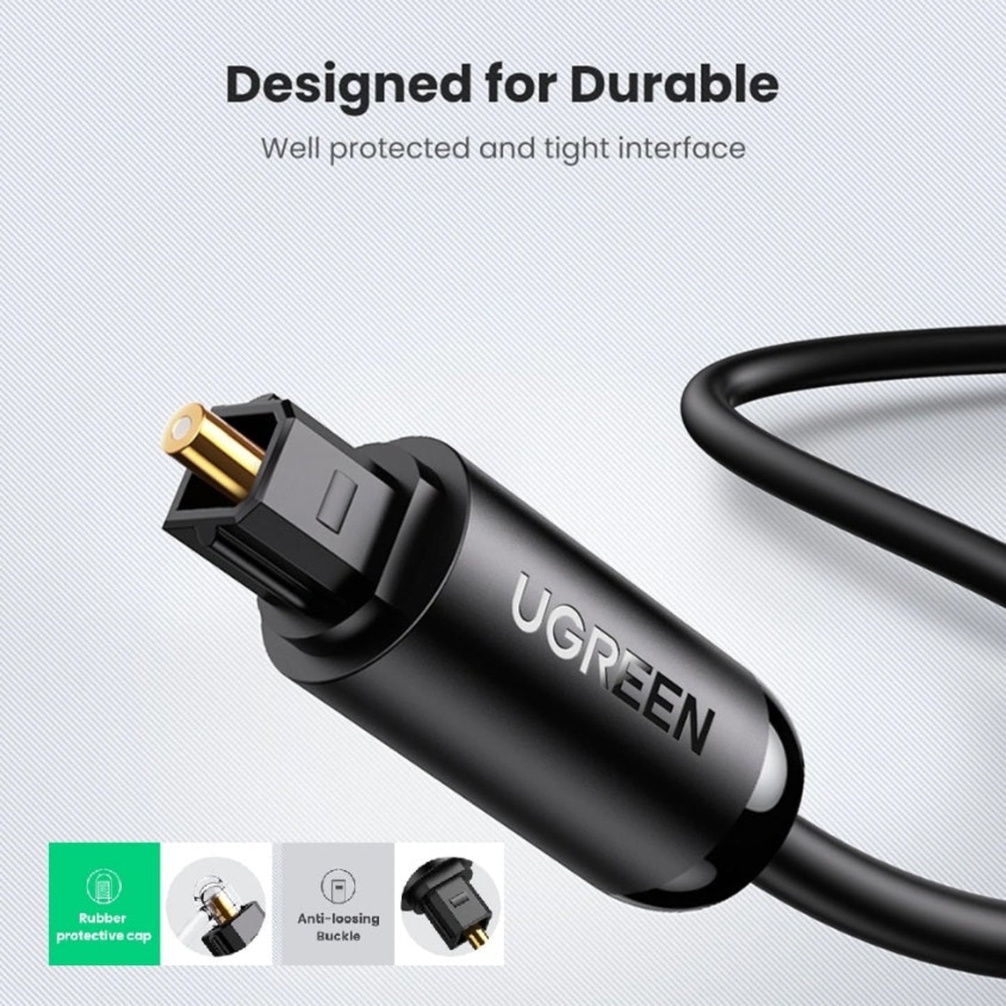 Close-up of UGREEN AV122 Gold-Plated Toslink Connector with Anti-Loosening Buckle - Precision-Engineered for Secure Fit