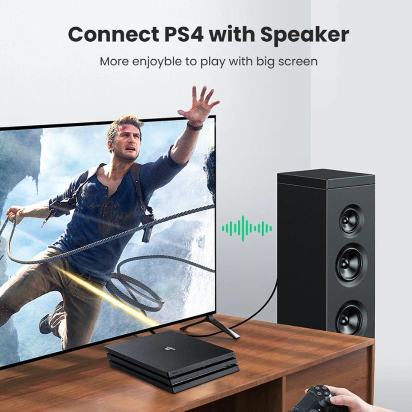PS5 Console Connected to Gaming Soundbar via UGREEN AV122 Optical Cable for Optimal Audio Quality in Competitive Gaming